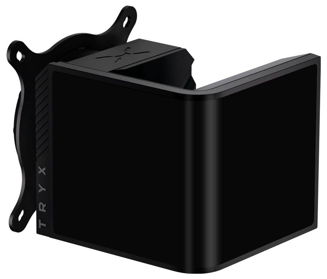 Eine schwarze TRYX Wandhalterung mit einem schlanken, eckigen Design, die zum Befestigen von Geräten an einer Wand vorgesehen ist.