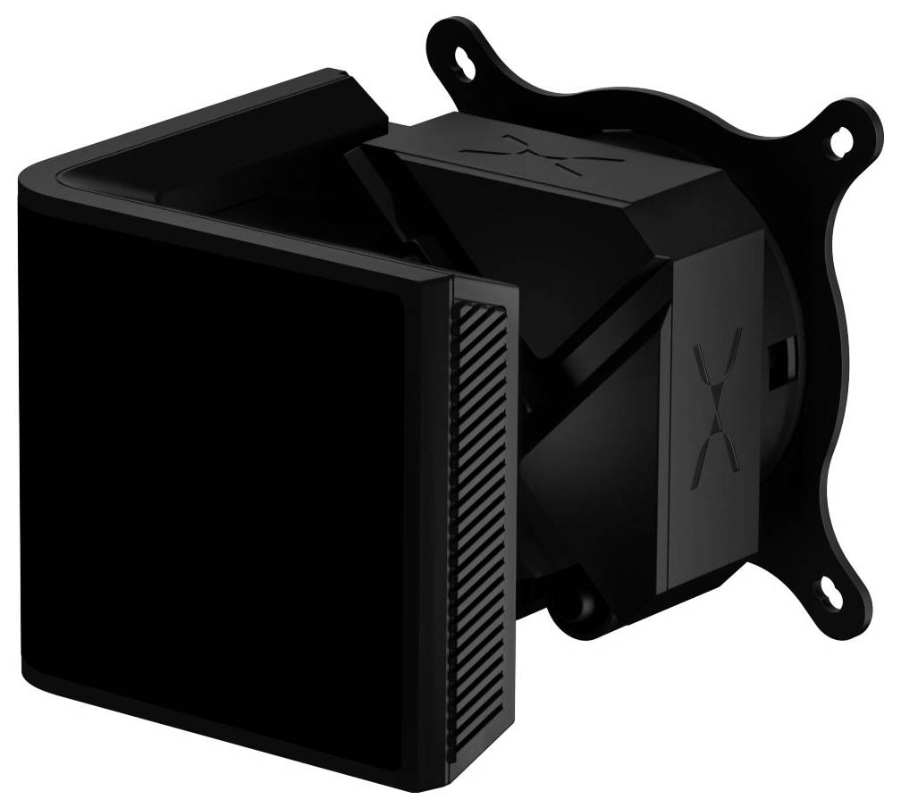 Ein schwarzer Computerlüfter, der an einer Halterung befestigt ist und ein schlankes, modernes Design mit kantigen Kanten und sichtbaren Lüfterblättern aufweist.