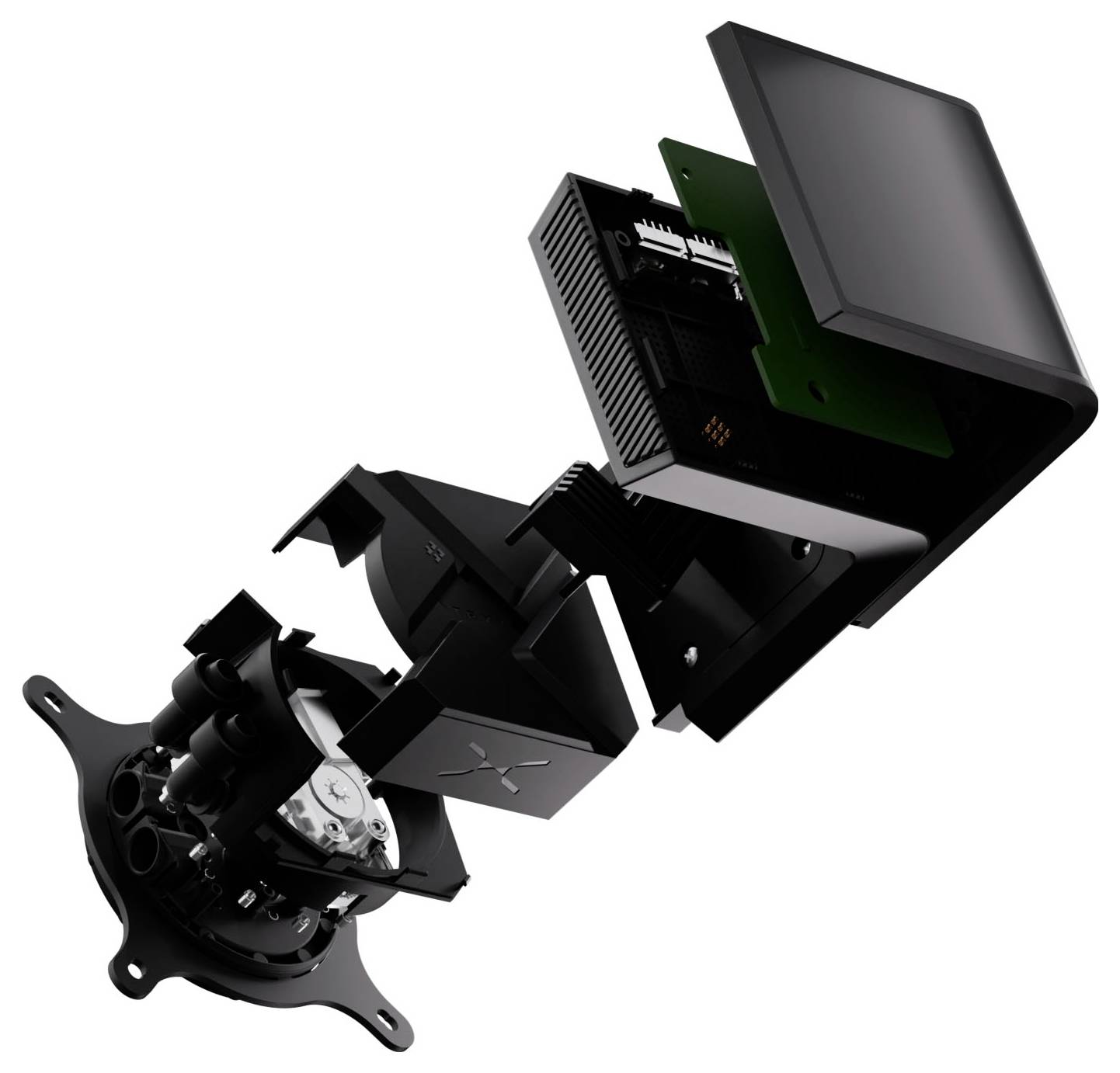 Explosionszeichnung eines elektronischen Geräts mit mehreren Innenkomponenten wie Leiterplatten, einem Lüfter und einem Schutzgehäuse.