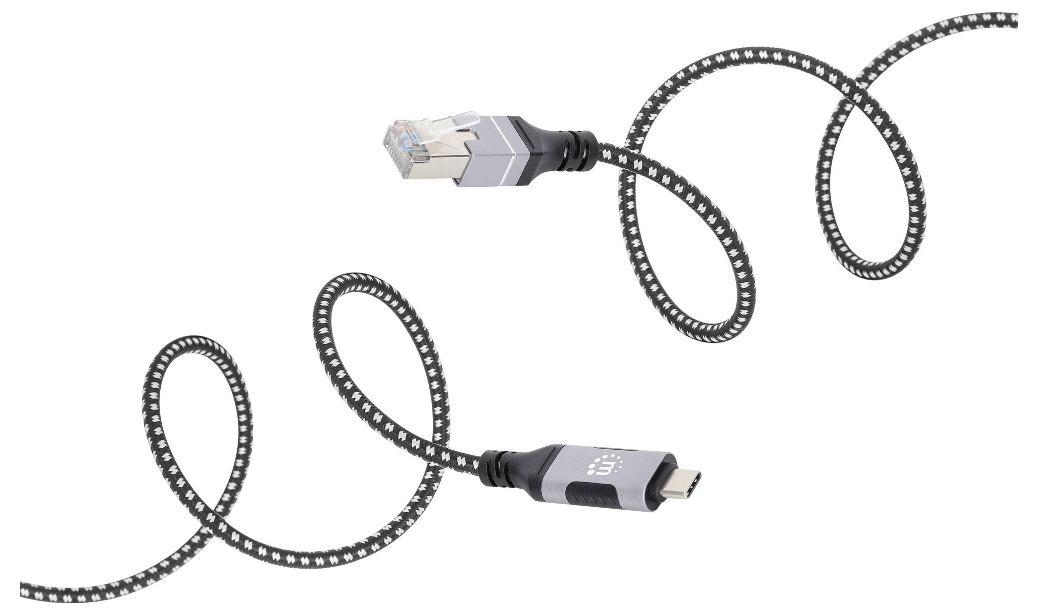 Ein gewickeltes Kabel mit einem Ethernet-Anschluss an einem Ende und einem HDMI-Anschluss am anderen Ende, das die Vielseitigkeit des Kabels veranschaulicht.