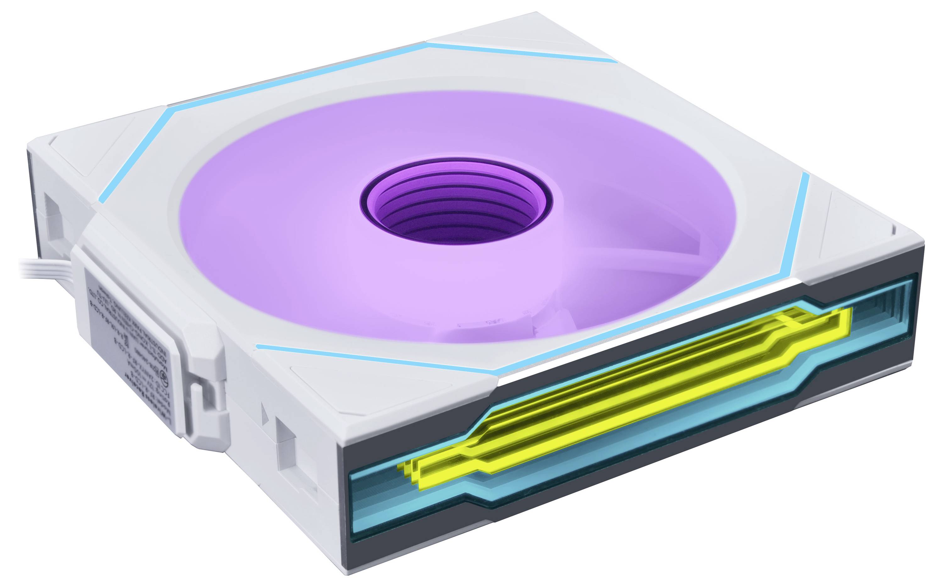 Ein futuristischer quadratischer Ventilator mit einer leuchtend violetten Klinge, eingehaust in weißem Gehäuse mit blauen Akzenten, versehen mit einem gelben Detail an der Seite.