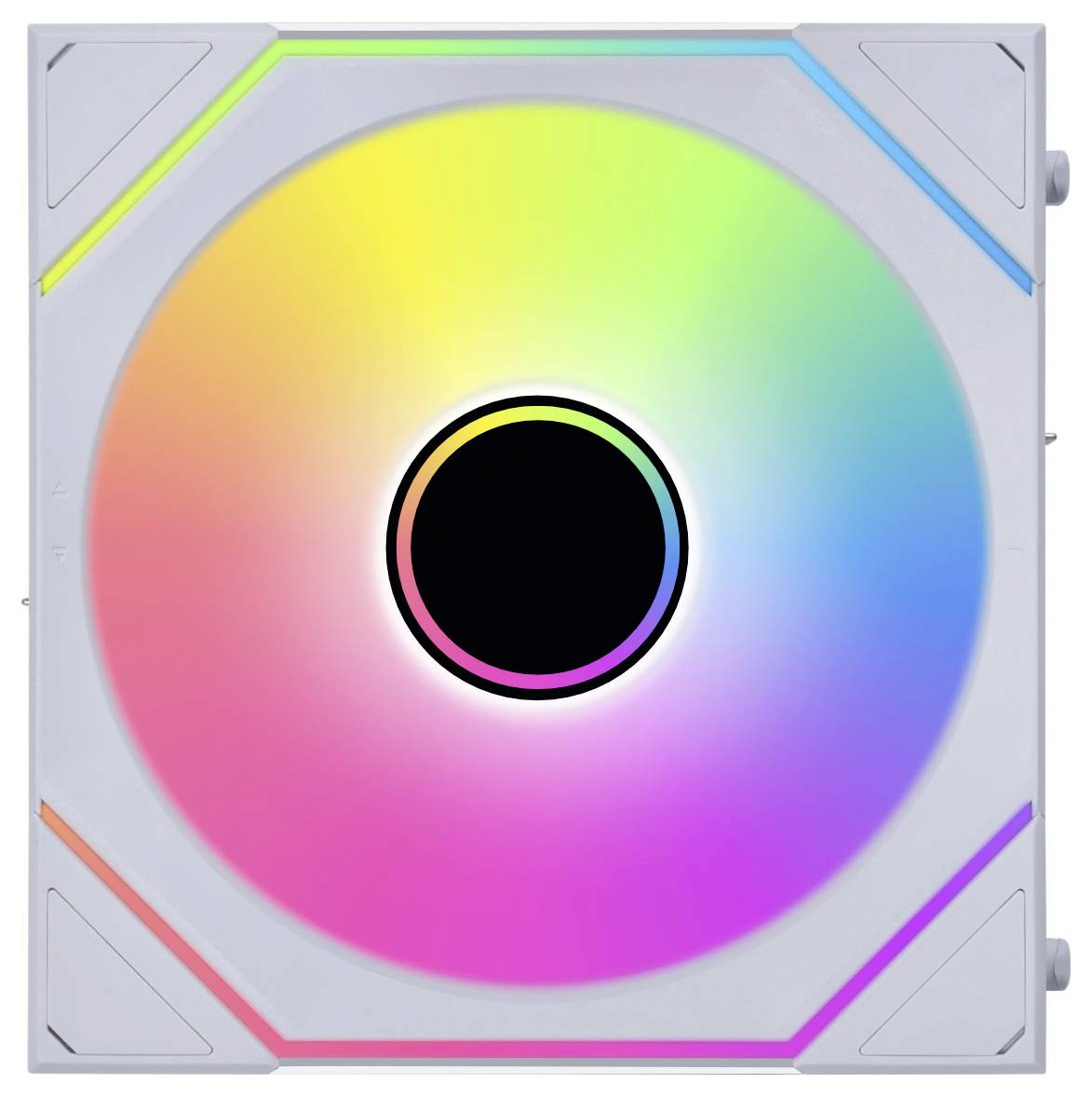 Ein Computerlüfter mit LED-Beleuchtung zeigt ein Spektrum von Farben, darunter Gelb, Grün, Blau und Rosa, die in einem kreisförmigen Muster angeordnet sind.