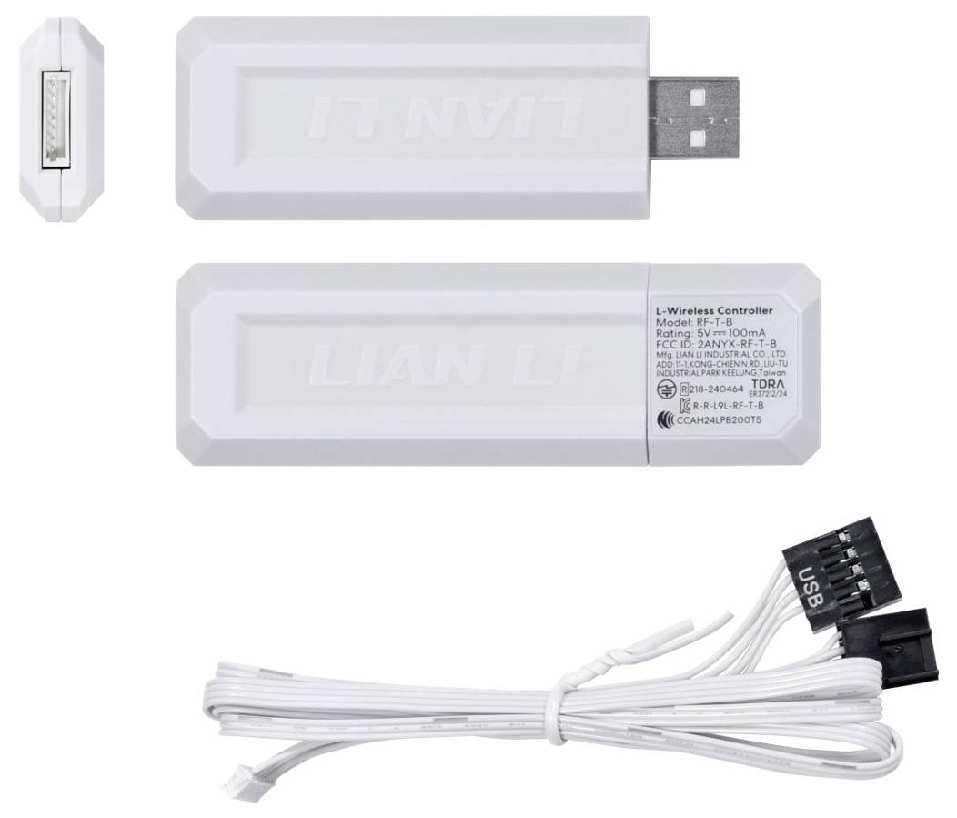 USB-Drahtloscontroller mit weißem Gehäuse, beschriftet mit 'LIAN LI'. Enthält ein abnehmbares Kabel mit USB- und proprietären Anschlüssen.