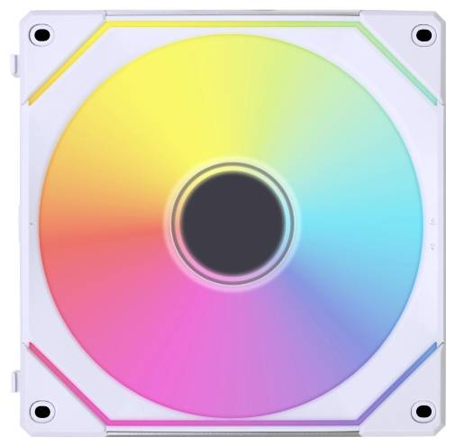 Ein Computer-Kühlventilator mit LED-Beleuchtung, der einen Regenbogengradienten anzeigt und in einem weißen Gehäuse mit kreisförmigem Design untergebracht ist.