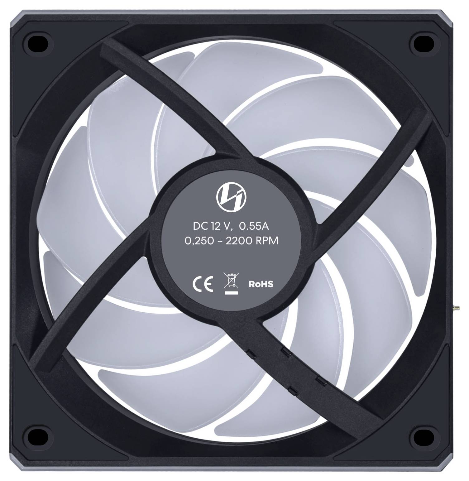 Ein Computerlüfter mit schwarzem Rahmen und weißen Rotorblättern, beschriftet mit den Spezifikationen: 'DC 12V 0,55A 0,250 ~ 2200 U/min CE RoHS'.