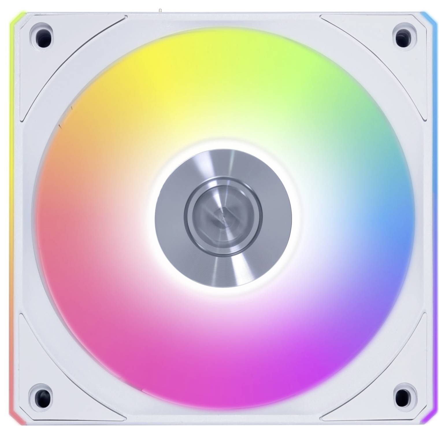 Ein Computerlüfter mit einer Regenbogen-LED-Lichtanzeige, der ein Farbspektrum in einem kreisförmigen Muster zeigt.