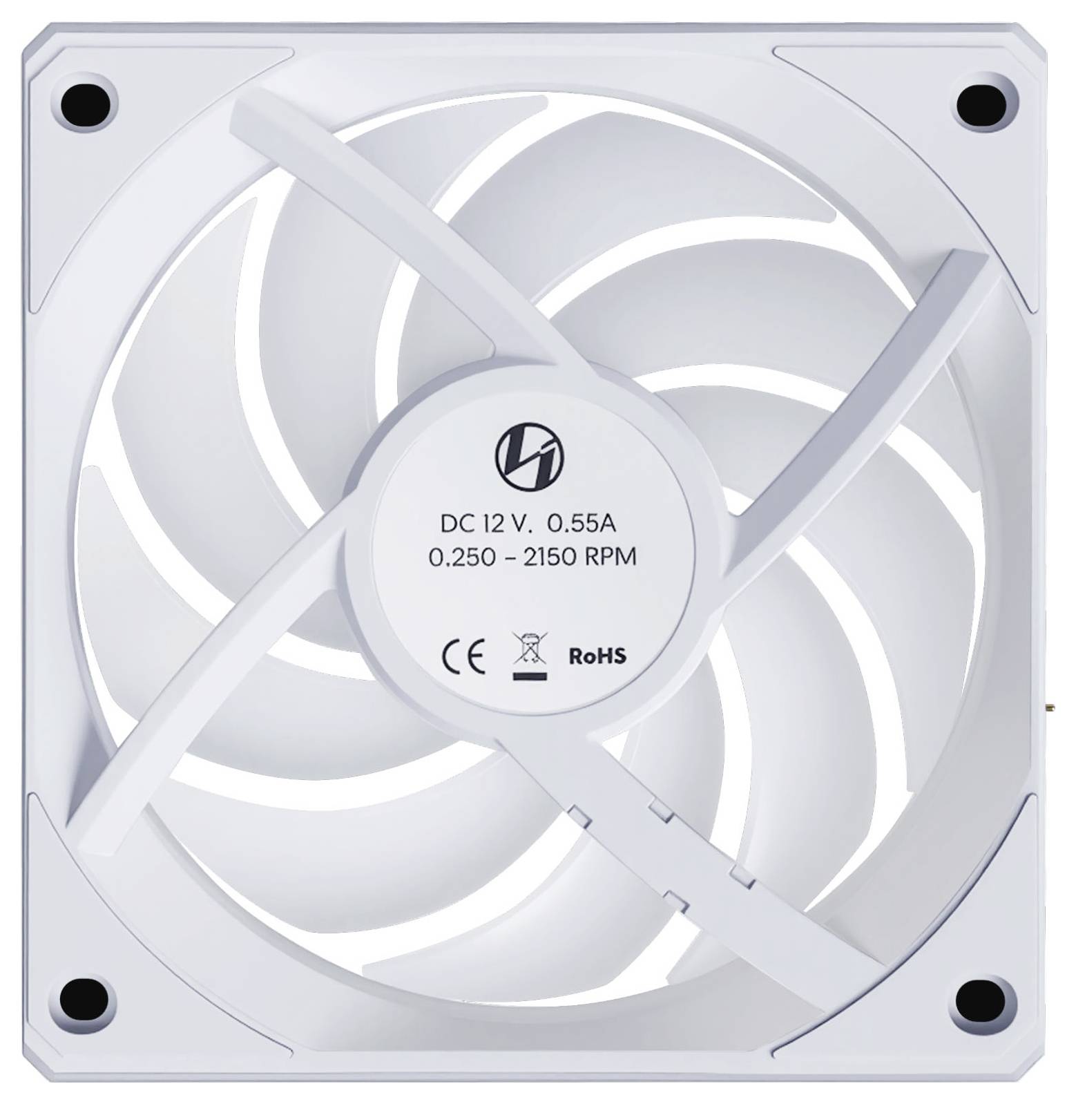 Quadratischer weißer Computer-Kühlventilator mit gekrümmten Schaufeln und Markenetikett in der Mitte, mit folgenden Spezifikationen: 'DC 12V, 0,55A, 0,250-2150 U/min, RoHS-konform.'