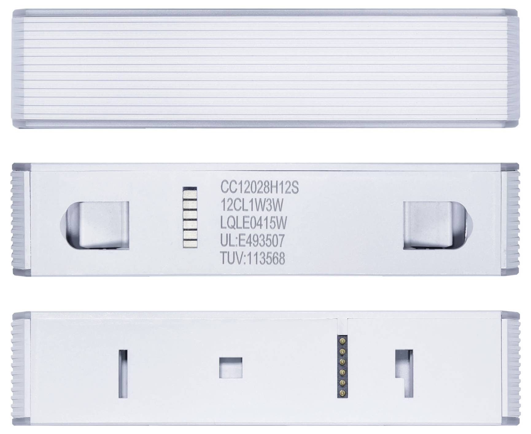 Drei Ansichten eines rechteckigen elektronischen Geräts, die Ober-, Unter- und Seitenansicht zeigen. Die zentrale Ansicht zeigt die Modellnummer, Wattzahl und Zertifizierungen.