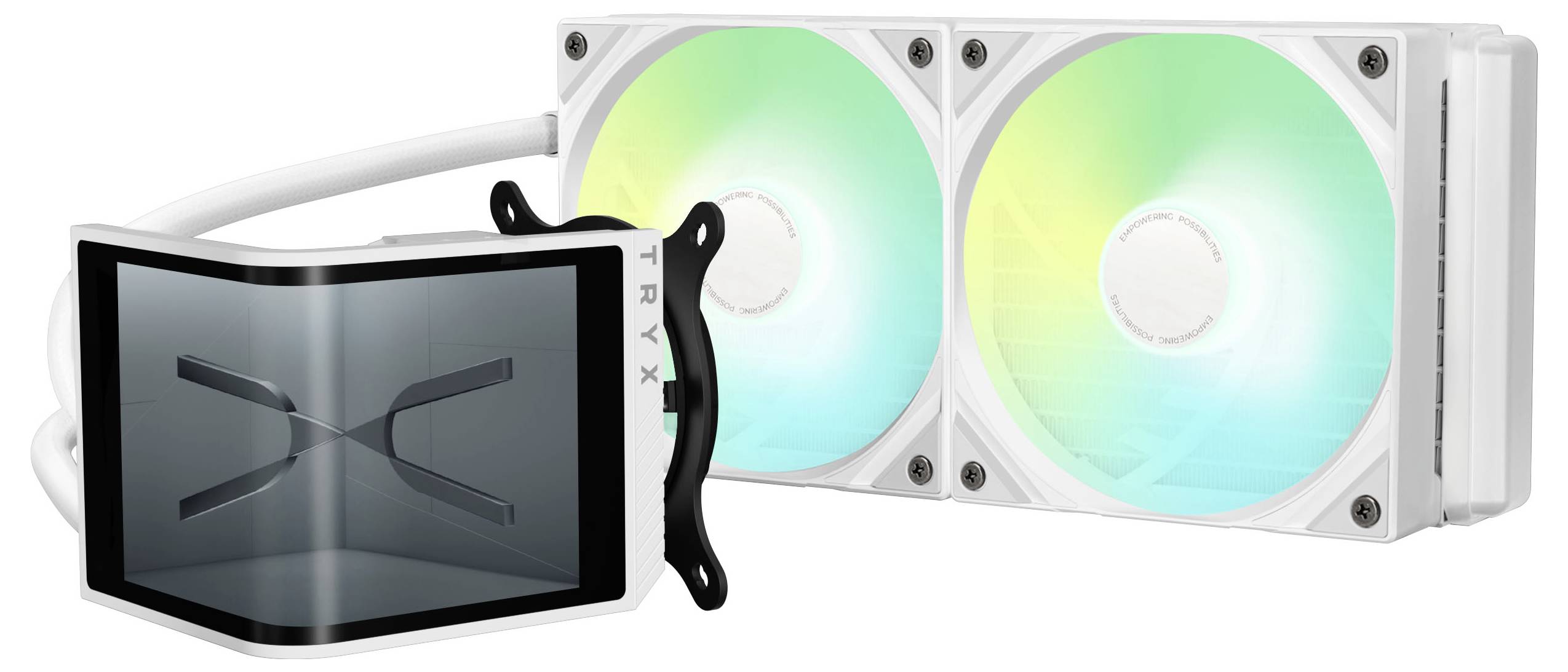 Weißes Computer-Flüssigkühlsystem mit zwei RGB-beleuchteten Lüftern und einer eleganten Pump-Einheit mit reflektierender Oberfläche und 'X'-Design.