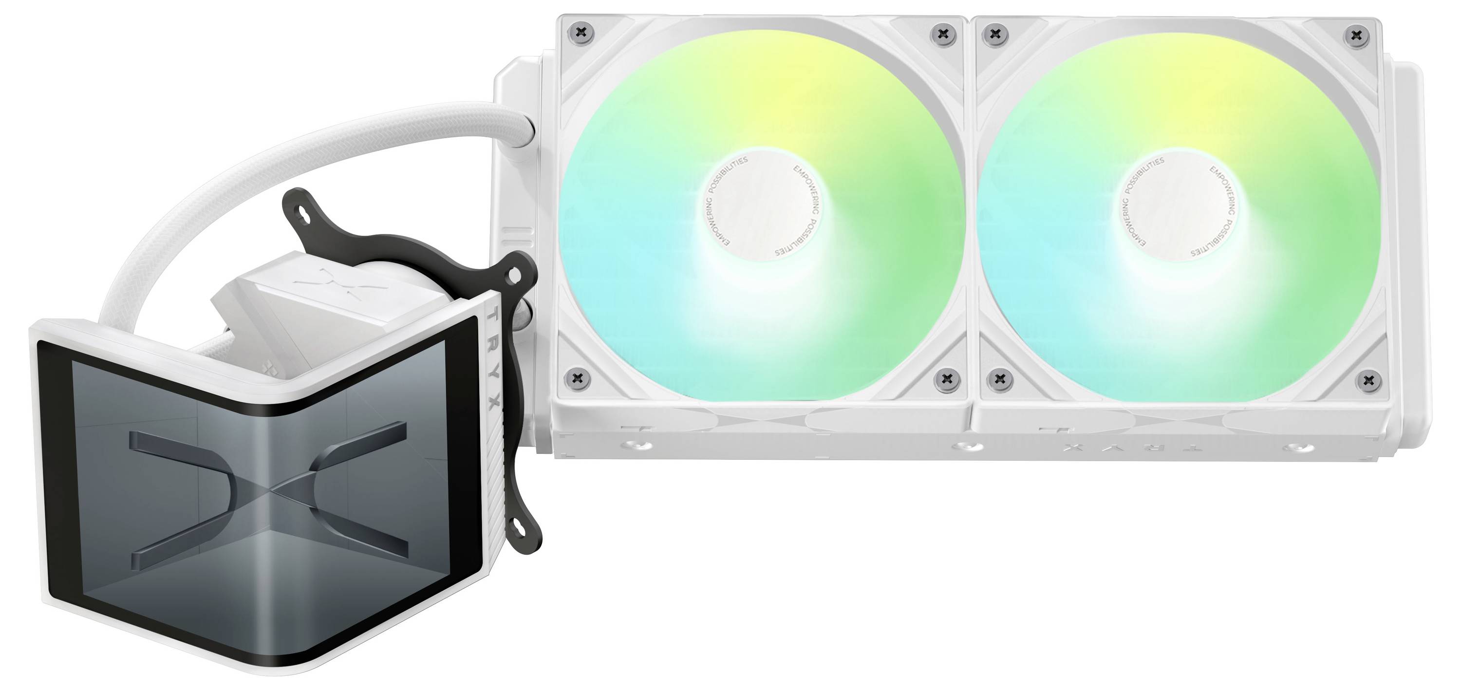 Ein weißer Flüssigkeitskühler für den Prozessor mit zwei beleuchteten RGB-Lüftern und einem digitalen Pumpendisplay, der Designs und Kühlungsfunktionen zeigt.