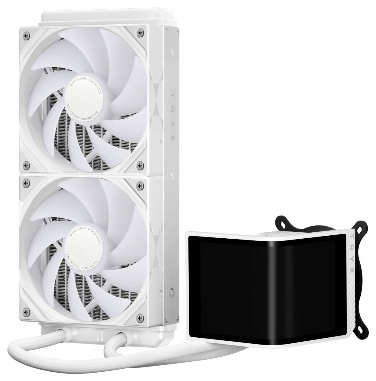 Ein weißer TRX-CPU-Flüssigkühler mit Doppellüftern und einem Kühler, verbunden durch weiße Schläuche, konzipiert für effiziente Wärmeableitung in Computern.