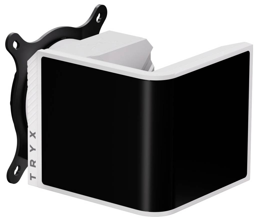 Eine weiße und schwarze futuristische Kamera mit dem Markennamen 'TRYX' an der Seite, die ein einzigartiges L-förmiges Design aufweist.