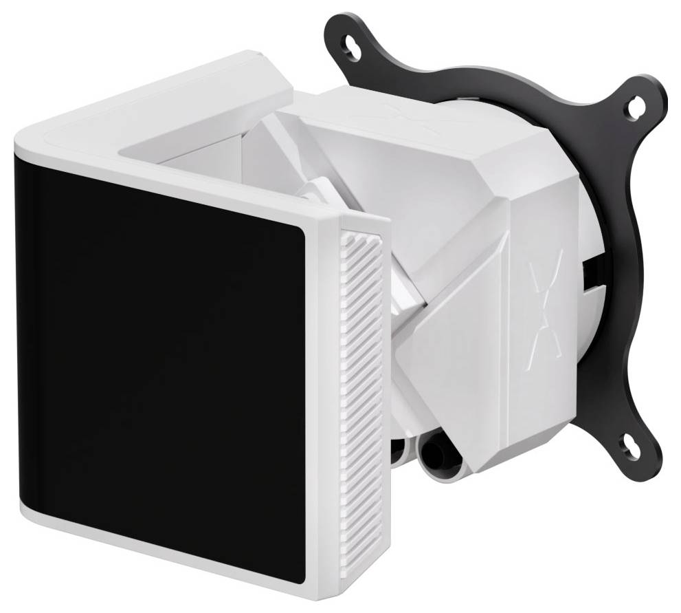 Ein weiß-schwarzes quadratisches Gerät mit einem hervorstehenden geometrischen Abschnitt, das an einer kreisförmigen schwarzen Halterung befestigt ist.