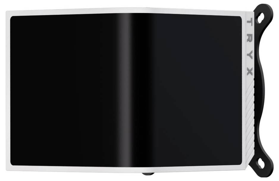 Ein weißes elektronisches Gerät mit einem großen schwarzen Bildschirm und einem schwenkbaren Griff, der seitlich mit 'TRYX' beschriftet ist.