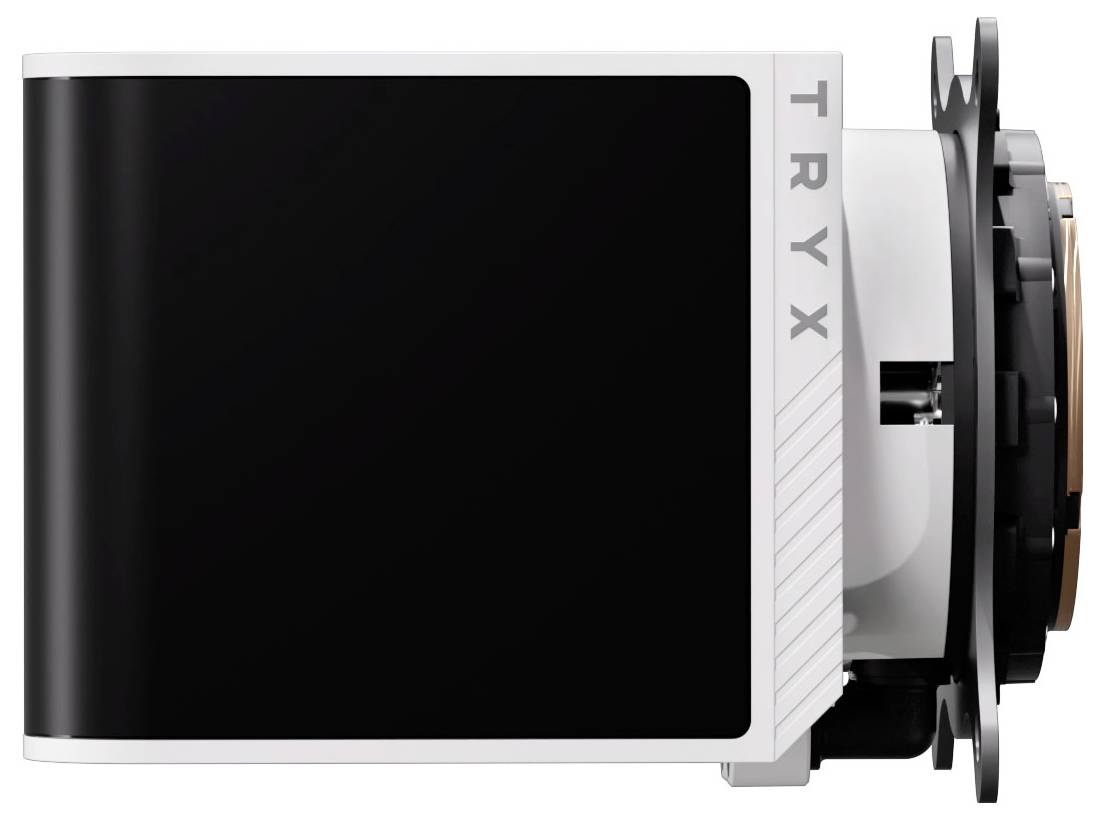 Kompakte Digitalkamera mit einem schwenkbaren Objektiv, beschriftet mit 'TRYX', die ein modernes, ergonomisches Design zeigt.