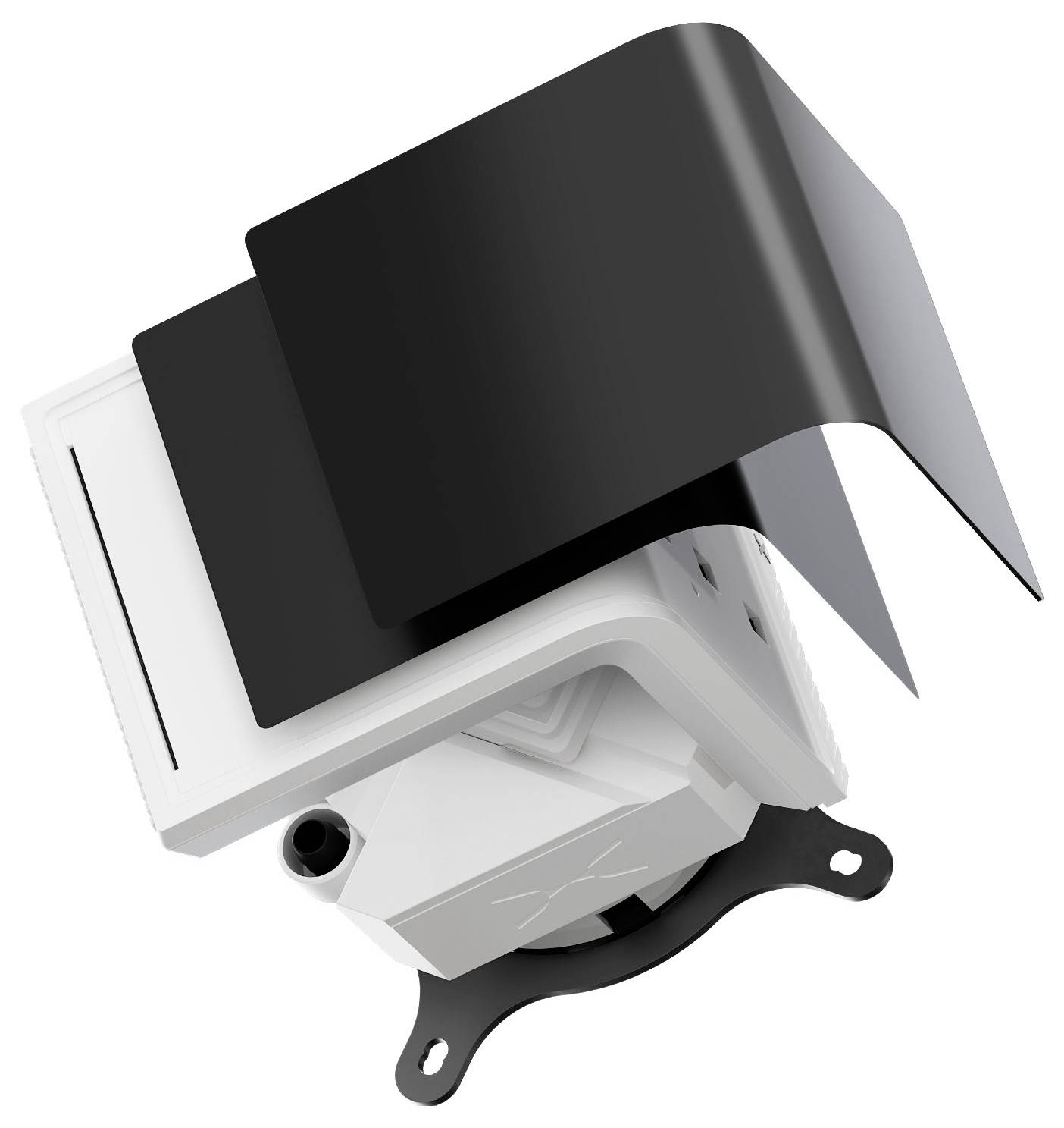 Eine kompakte weiße Überwachungskamera mit einem schwarzen Blendenschutz, montiert auf einer schwenkbaren Basis.