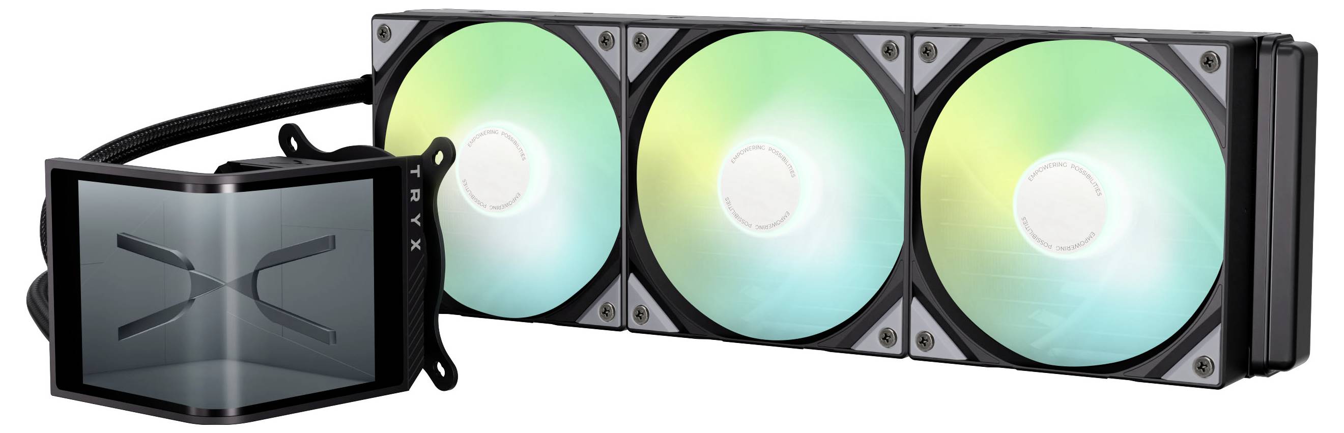 Ein Drei-Lüfter-Flüssigkühlsystem mit beleuchteten Lüftern und einem würfelförmigen Pump, entwickelt für High-Performance-Computer-CPUs.