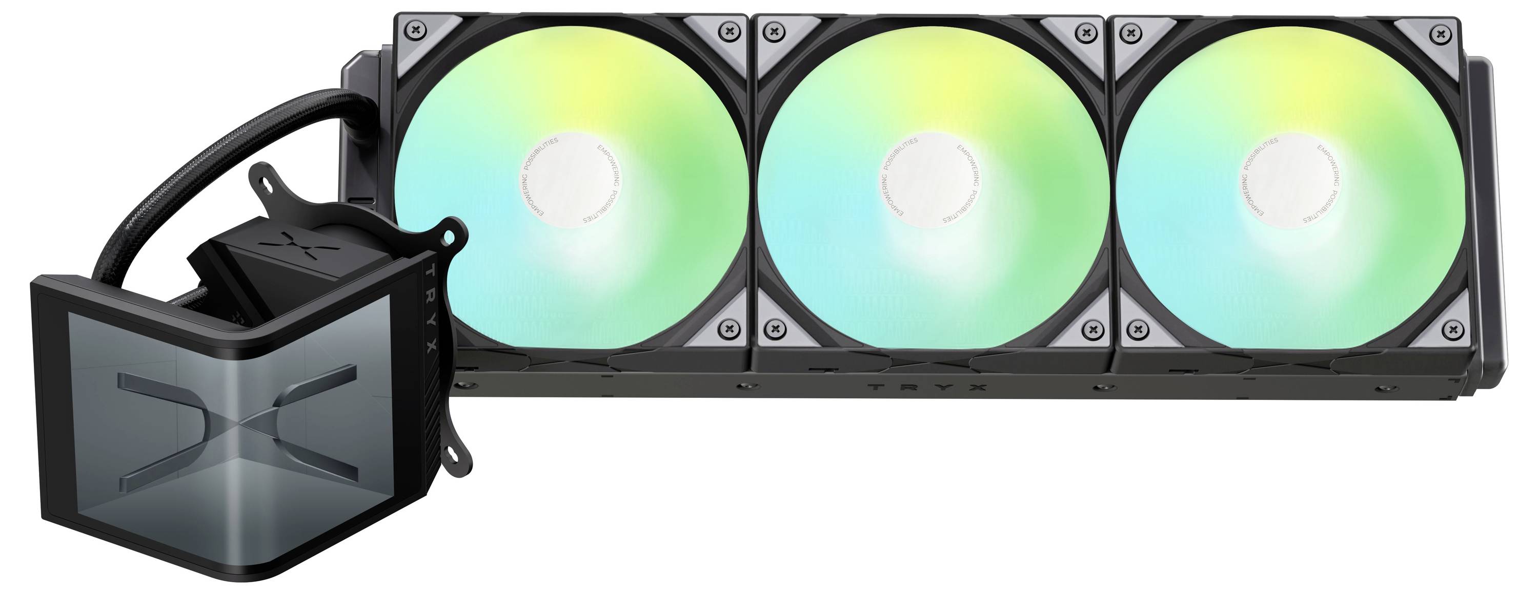 Ein Flüssigkühlsystem für Computer mit einem Block, schwarzen Schläuchen und drei grünlich getönten Kühlventilatoren, die in einer Reihe angeordnet sind.