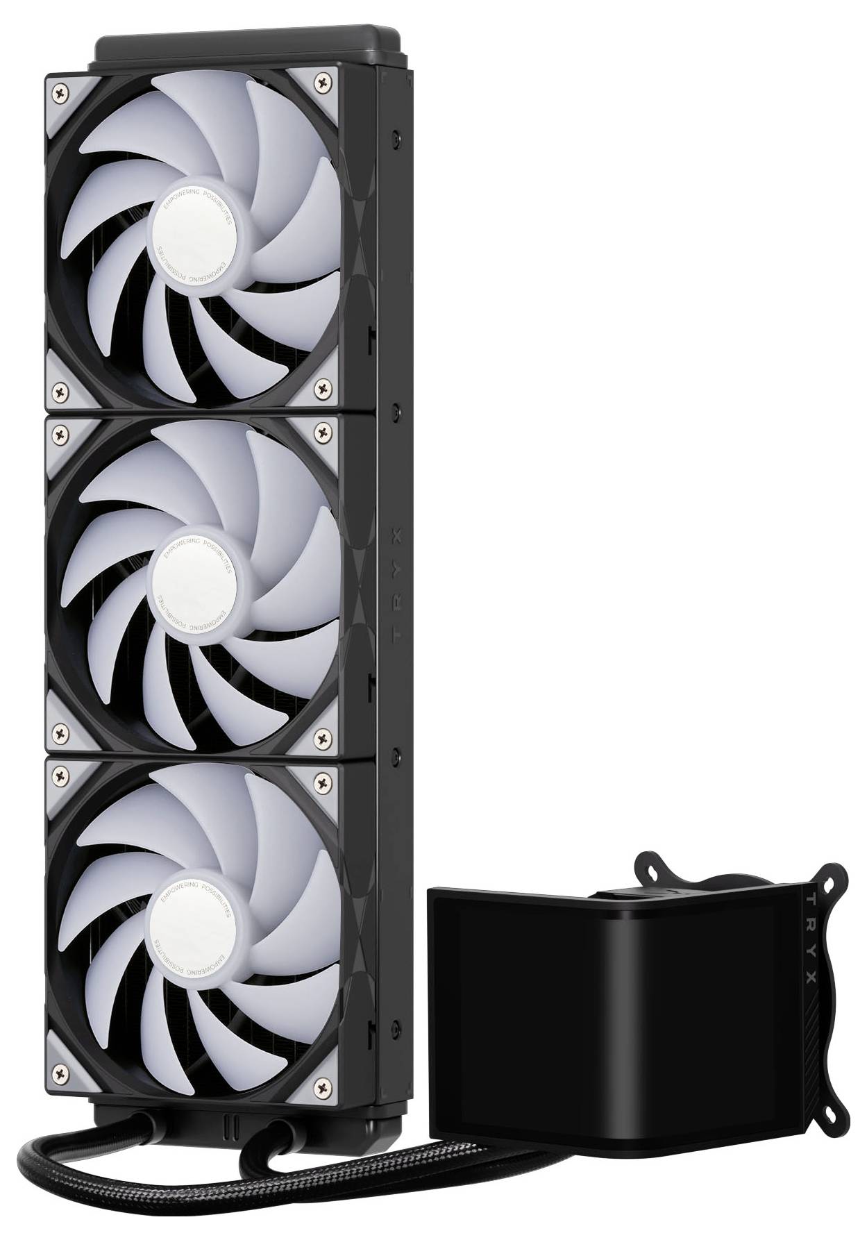 Ein Computer-Flüssigkühlsystem mit drei großen Lüftern und einem Kühler, entwickelt für effiziente Wärmeableitung, über Schläuche verbunden.