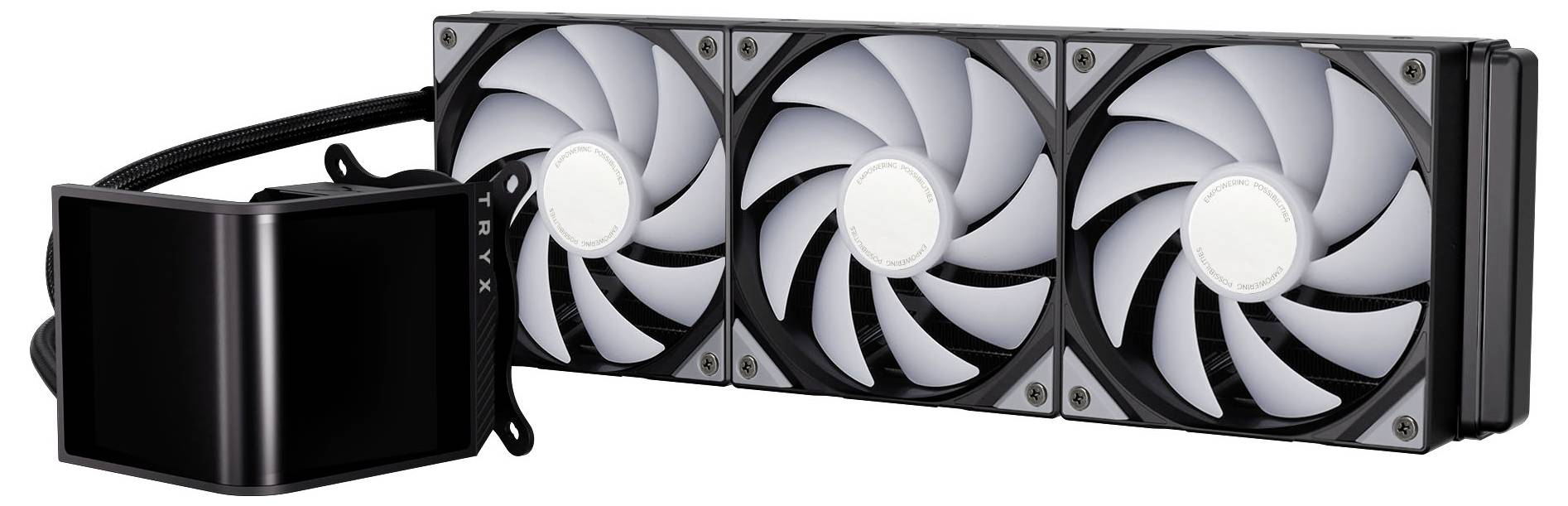 Ein Kühlsystem mit drei Lüftern und einer angeschlossenen schlanken schwarzen rechteckigen Pump, verwendet zur Wärmeableitung in Computergeräten.