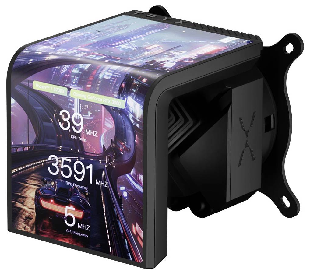 Ein futuristischer CPU-Kühler mit einem gebogenen Bildschirm zeigt 'Ryzen 7 5800X' und 'Nvidia GeForce RTX 3080' mit CPU- und Grafikkarten-Taktraten.