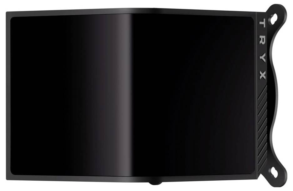 Gebogenes, schwarzes Gerät mit eingraviertem Text 'TRYX' an der Seite, das einem Bildschirm oder Monitor ähnelt.