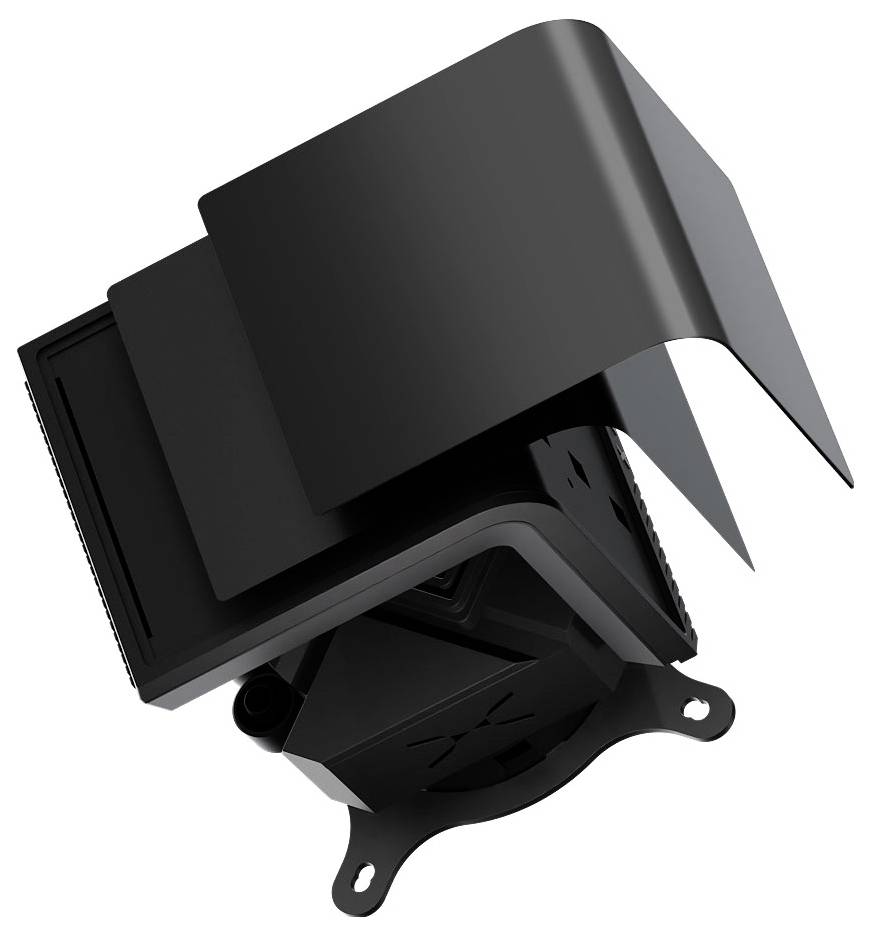 Ein schwarzes, eckiges mechanisches Gerät mit einer kapuzenartigen Abdeckung, möglicherweise für Überwachung oder Monitoring, auf einer Halterung zur Montage befestigt.