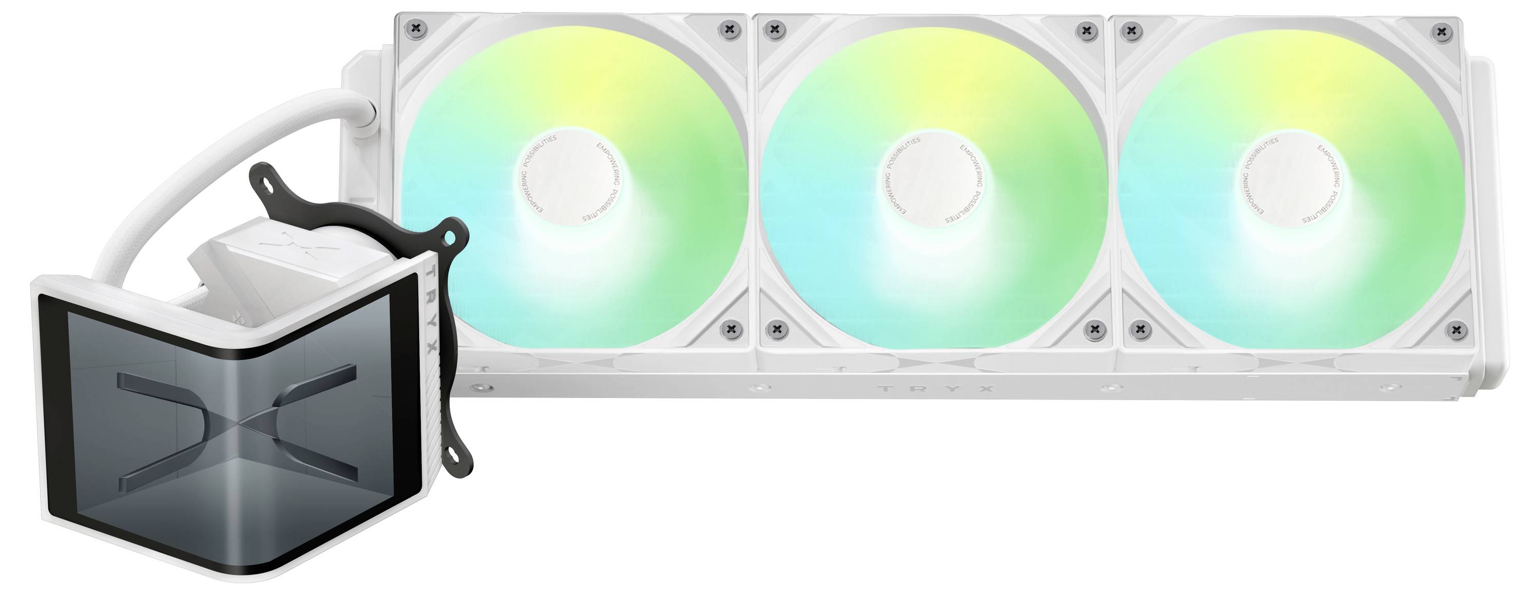 Weißes Flüssigkühlsystem mit drei beleuchteten Lüftern, die grüne und blaue Nuancen ausstrahlen, und einem CPU-Block mit transparentem Panel.