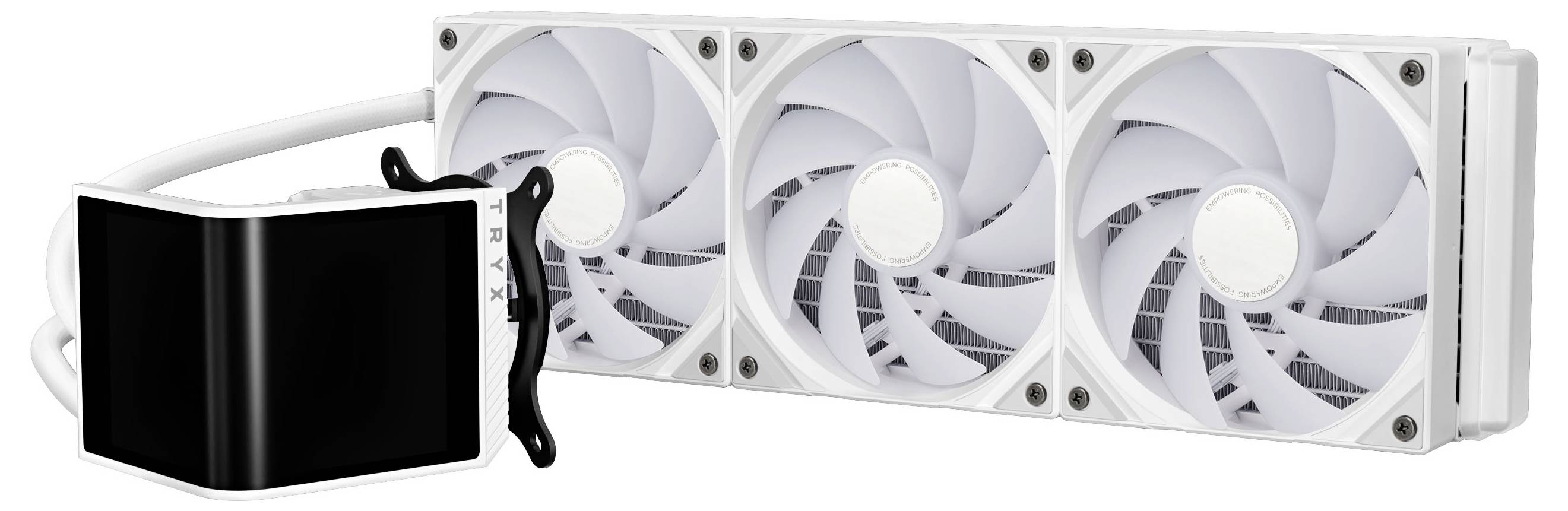 Ein weißes Computer-Flüssigkühlsystem mit drei Lüftern und einem kompakten Kühler, entwickelt für eine effektive Wärmeableitung in PCs.