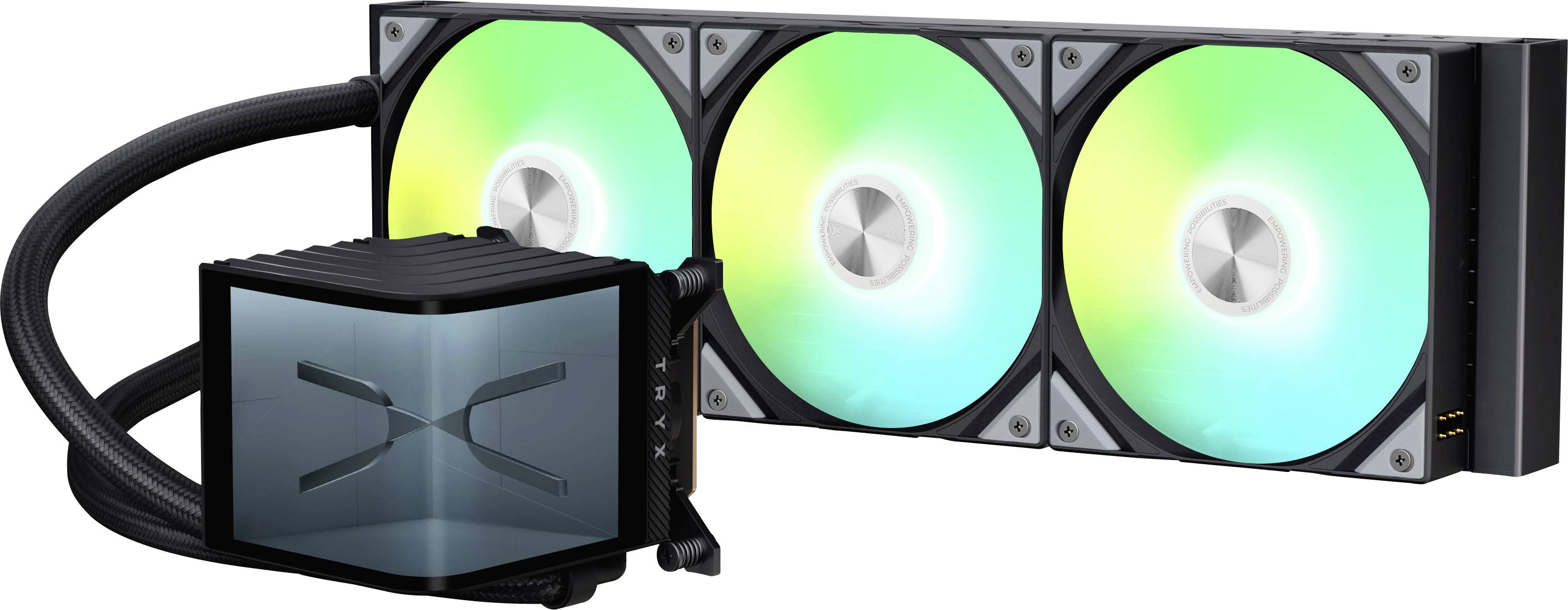 Ein Flüssigkeitskühler für CPUs mit einem Dreifach-Lüfter-Radiator und RGB-Beleuchtung, entwickelt für eine effiziente Wärmeableitung in Computersystemen.