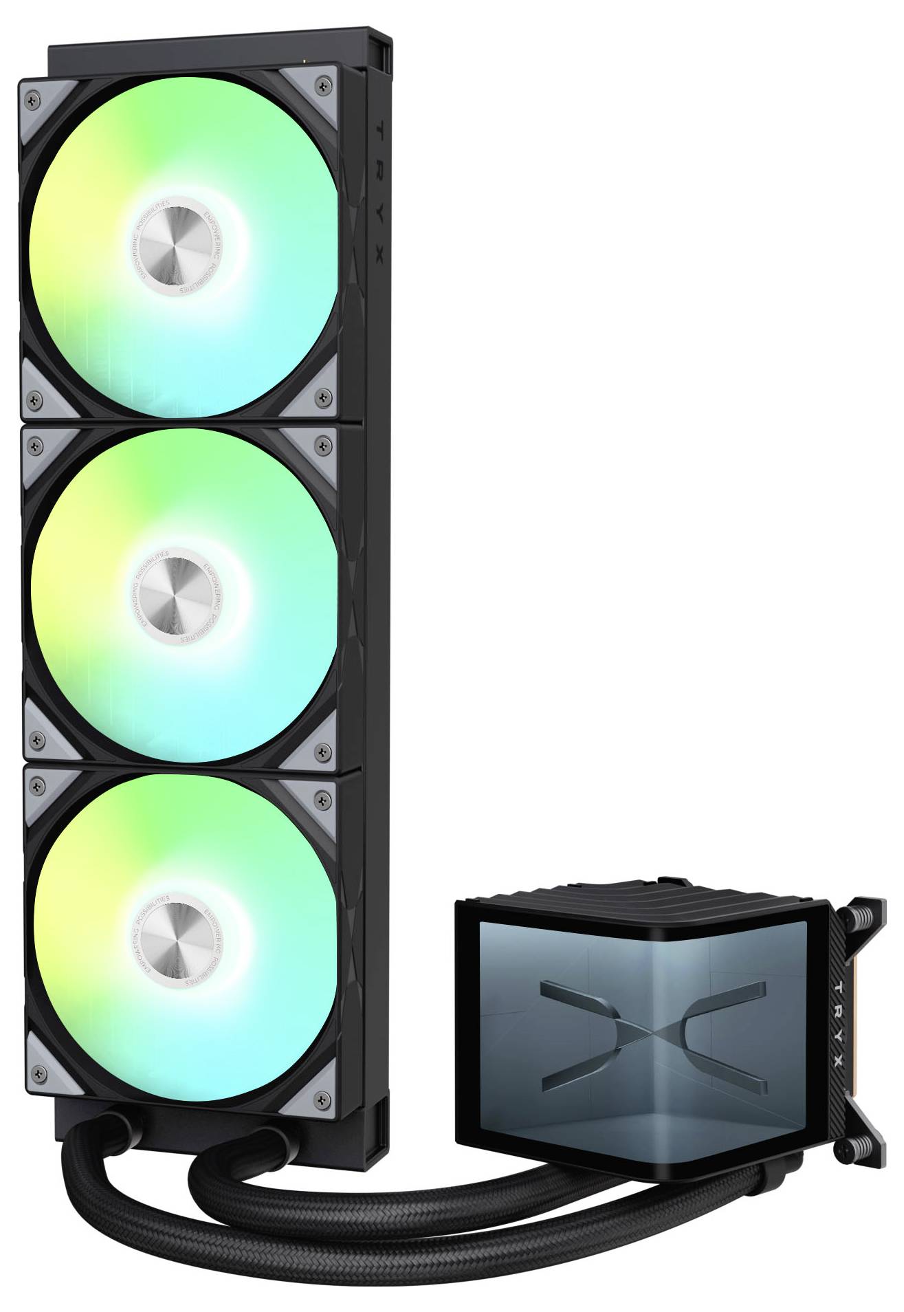 Ein Computerflüssigkühlsystem mit drei beleuchteten Lüftern auf einem Kühler und einem CPU-Block, konzipiert für effizientes Temperaturmanagement.