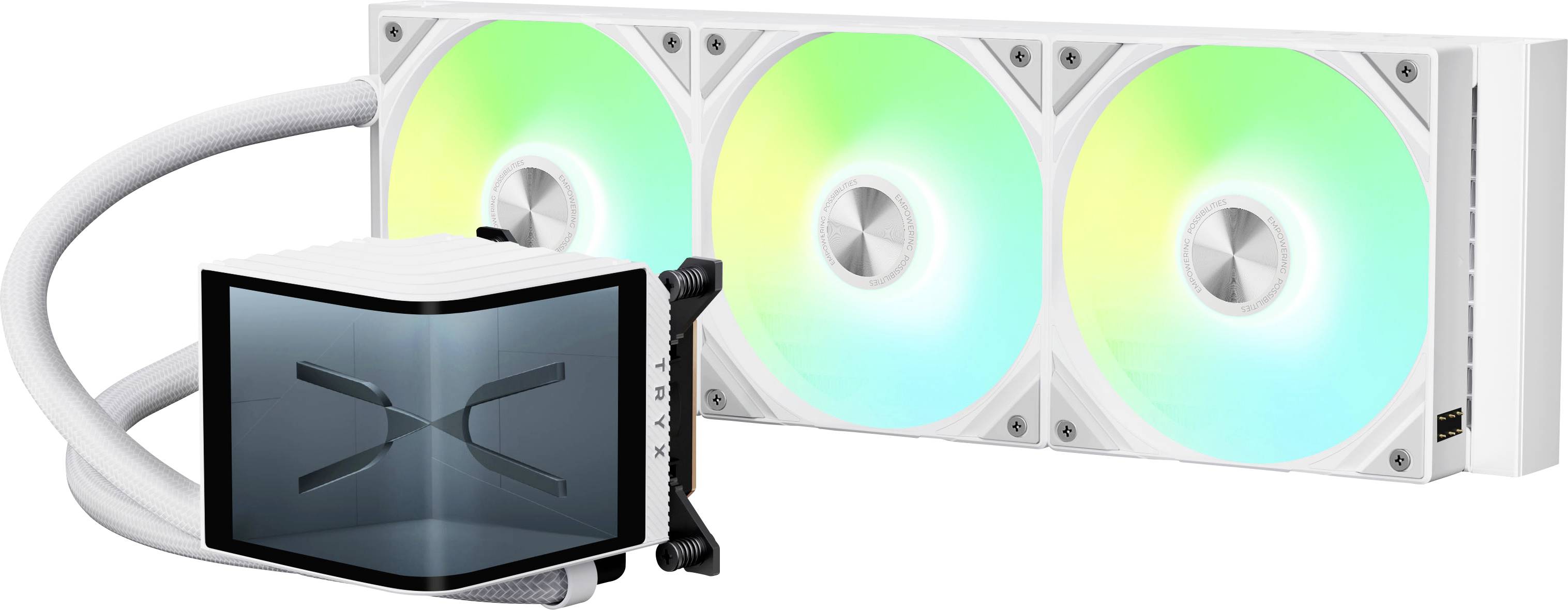 Ein weißer Flüssigkeitskühler für die CPU mit einer transparenten Kühlpumpe, die ein 'X'-Logo zeigt, verbunden durch weiße Schläuche mit einem Kühler, der drei RGB-Lüfter aufweist.