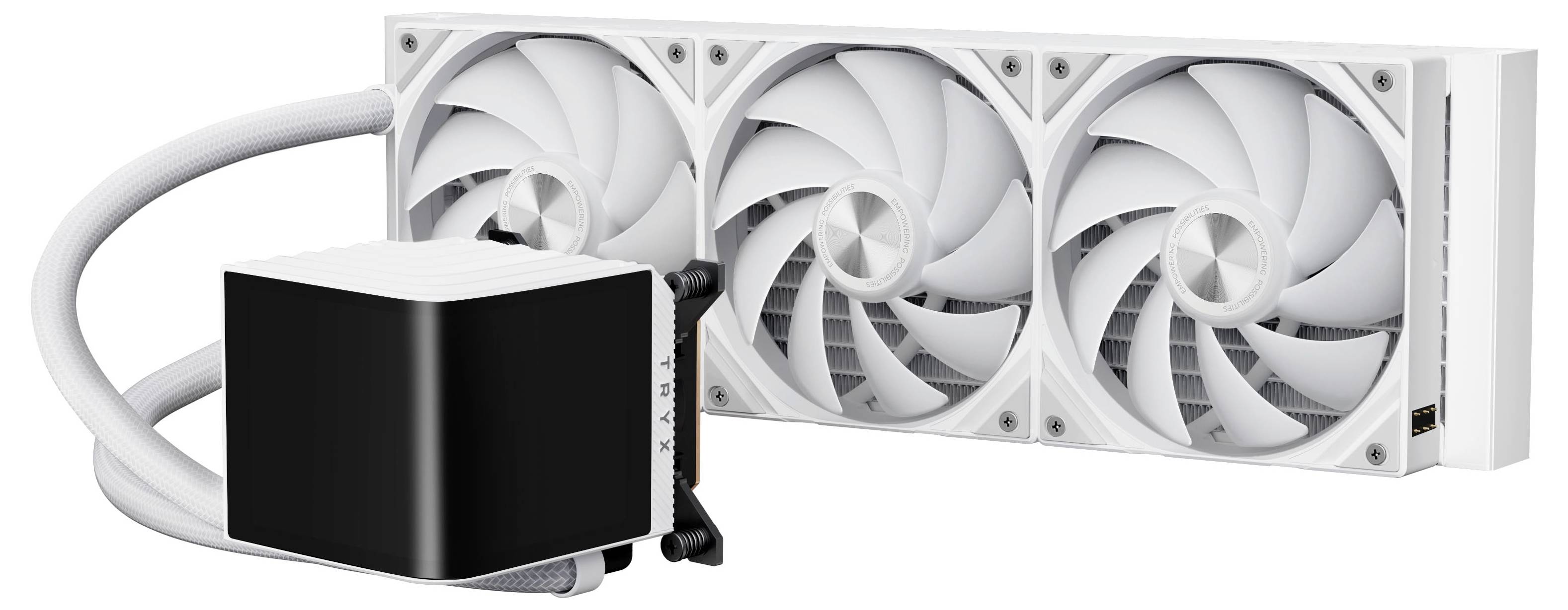 Ein weißes Flüssigkühlsystem für Computer mit drei großen Lüftern und Schläuchen, die mit einer schwarz-weißen Wasserblock-Einheit verbunden sind.