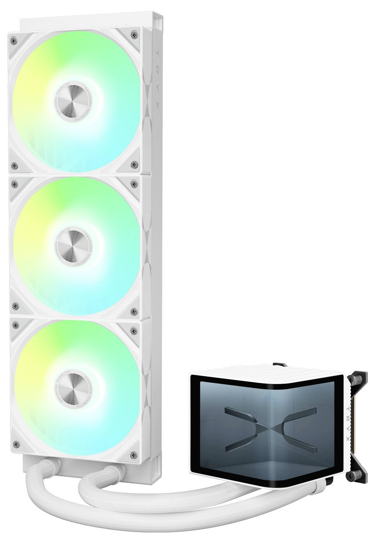 Ein weißes Flüssigkühlsystem für Computer mit drei beleuchteten Lüftern und einem Kühler, ausgestattet mit weicher grüner und blauer Beleuchtung.