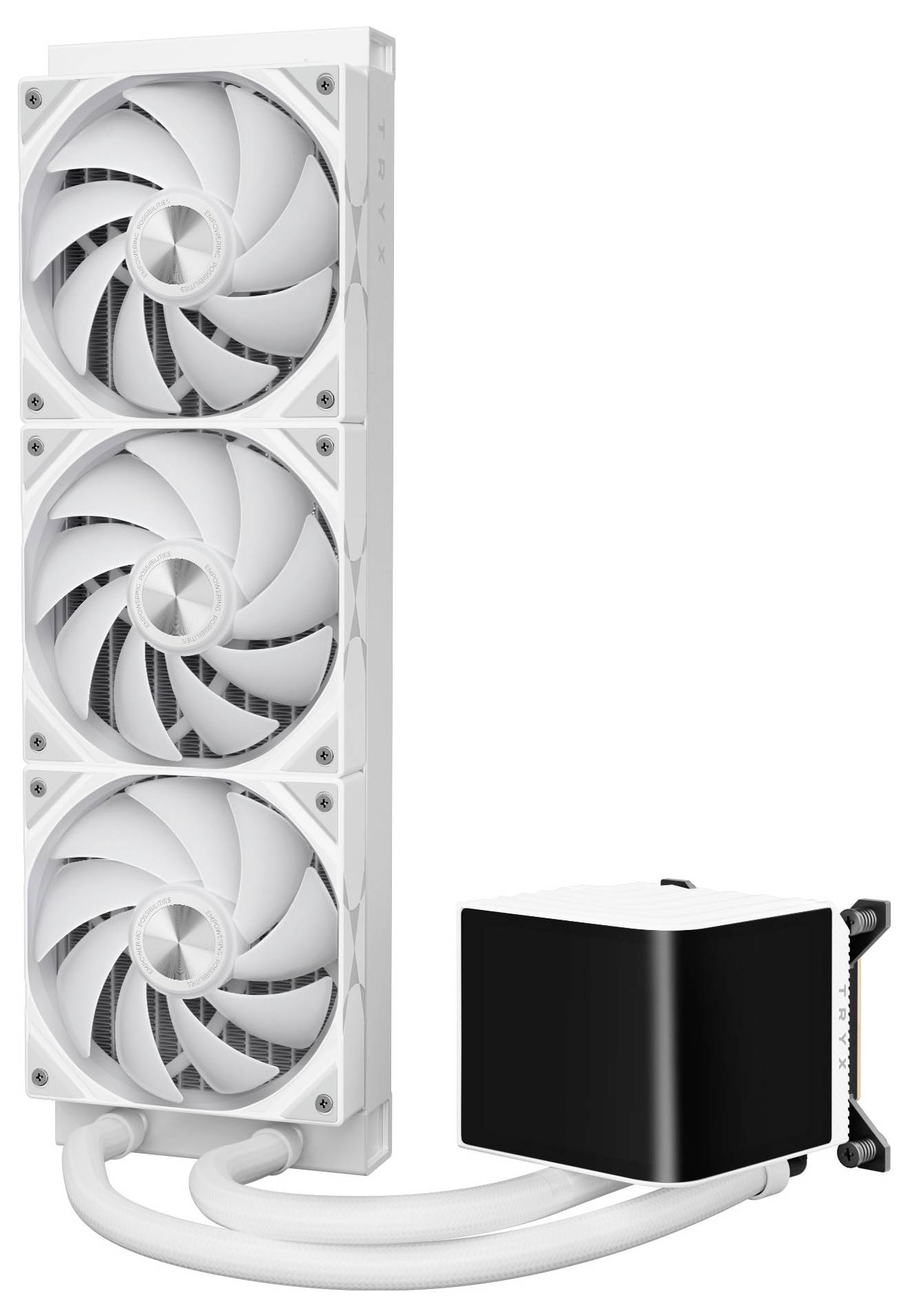 Ein weißes Flüssigkühlsystem mit drei Lüftern und einem schwarzen Pump-Block. Geeignet für High-Performance CPUs oder GPUs.