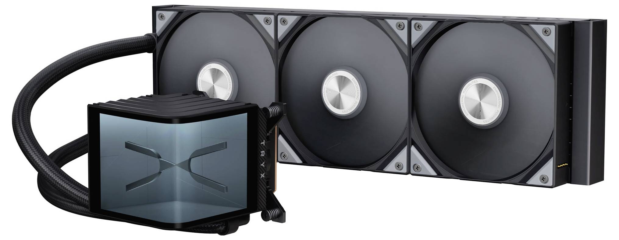 Ein Flüssigkühlsystem für Computer verfügt über drei horizontal ausgerichtete große Lüfter und eine Pumpeinheit mit einem transparenten Panel, auf dem ein 'X' zu sehen ist.