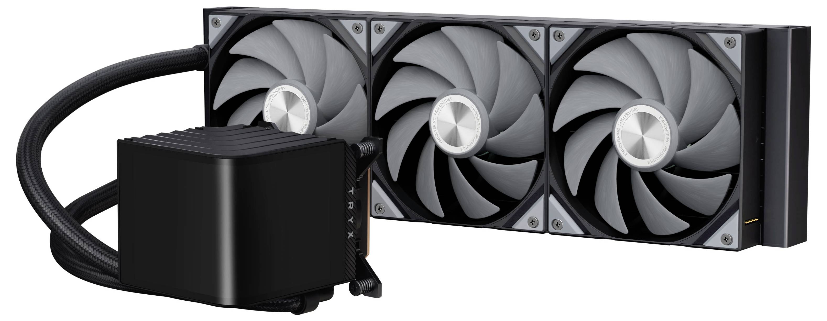 Ein Flüssigkeits-CPU-Kühler mit drei großen Lüftern und einer Pumpeinheit, entwickelt zur Steuerung der Temperaturen hochleistungsfähige Computerprozessoren.