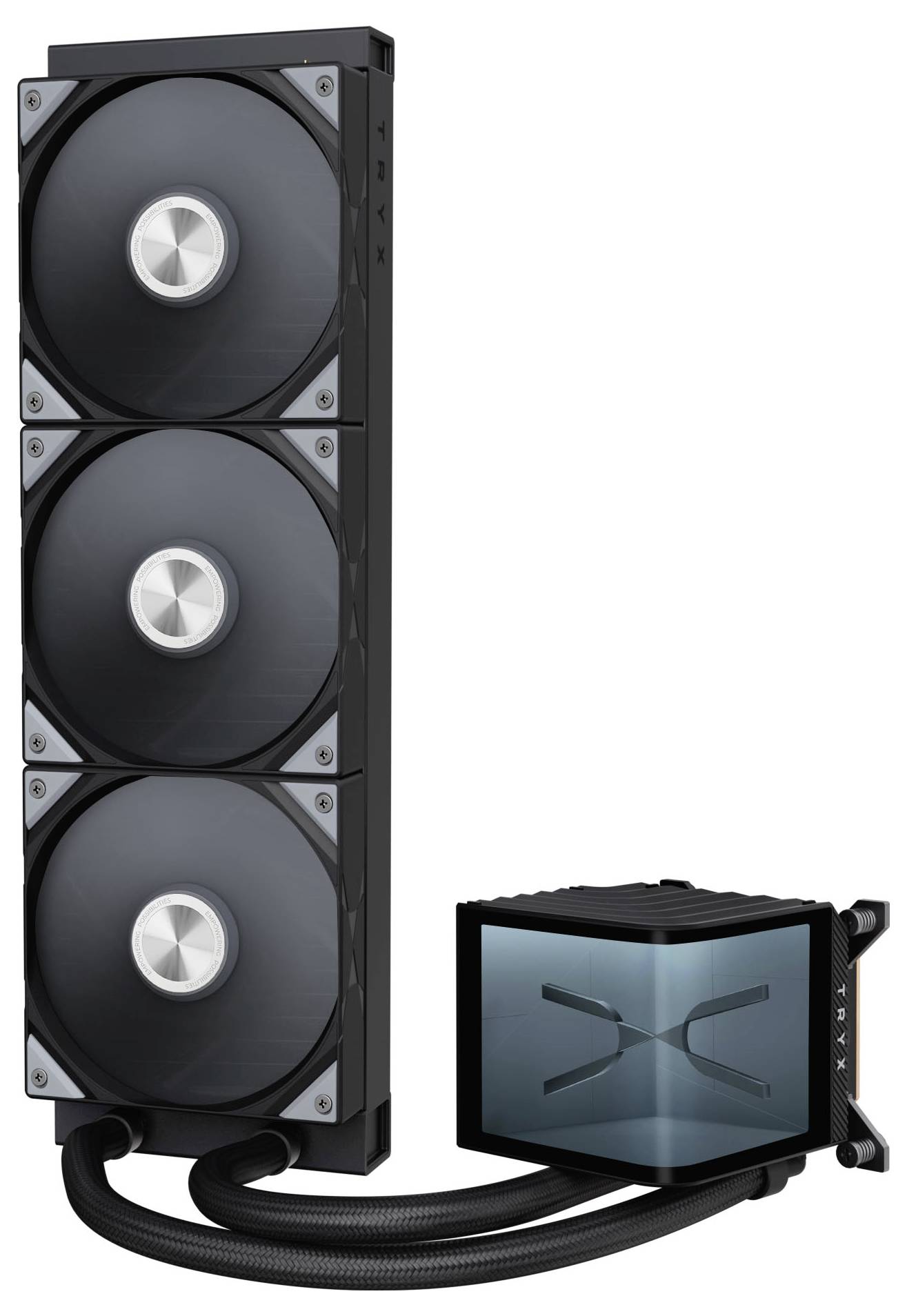 'XMPX' Marken-Kühlsystem mit drei großen Lüftern, entwickelt für die Kühlung von Computer-Hardware, mit einer Doppelschlauch-Verbindung.