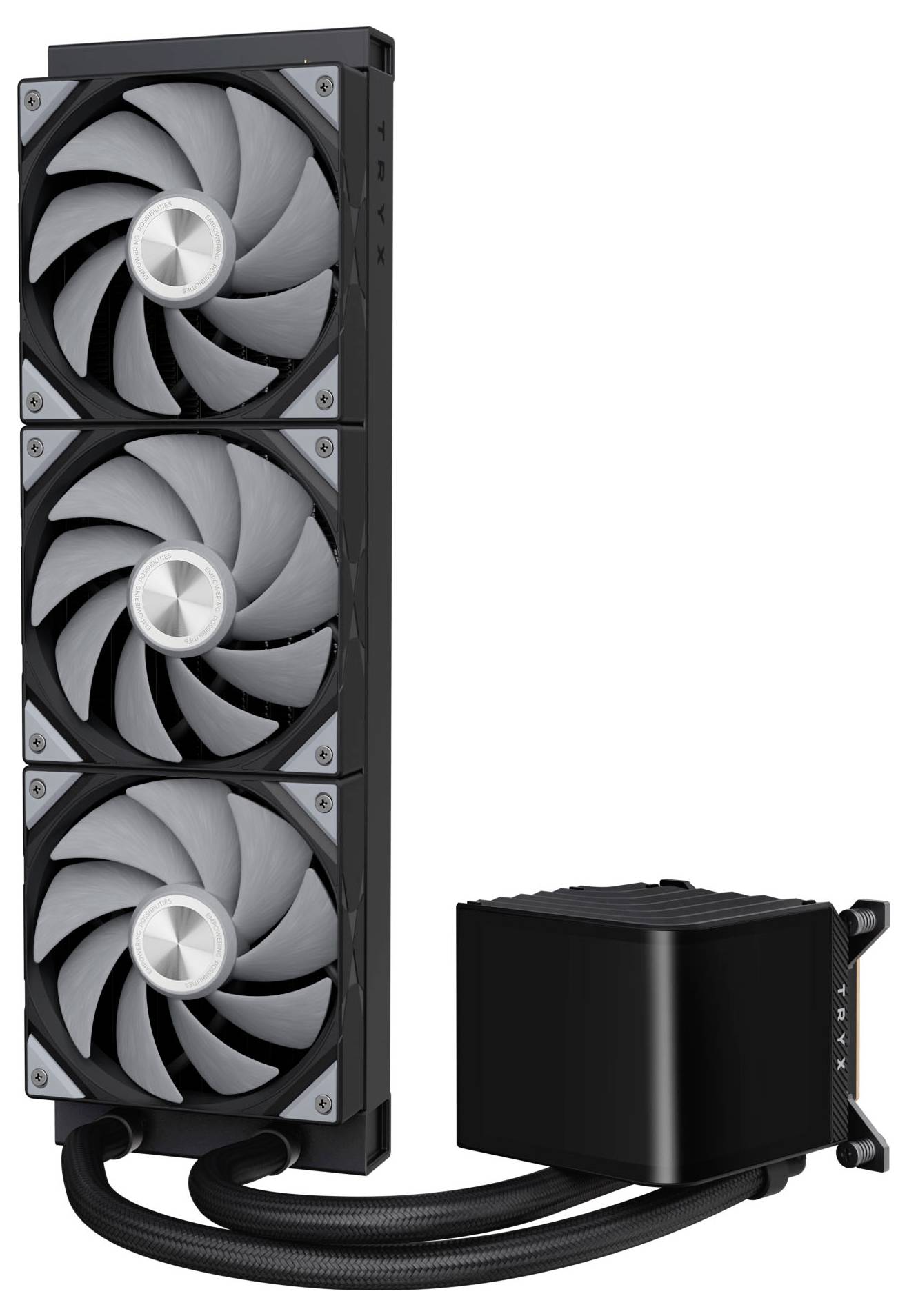 Ein schwarzes Computer-Flüssigkühlsystem mit drei großen Lüftern und Kühler, verbunden mit einem Pumpensockel, für hochleistungsfähige Kühlung.