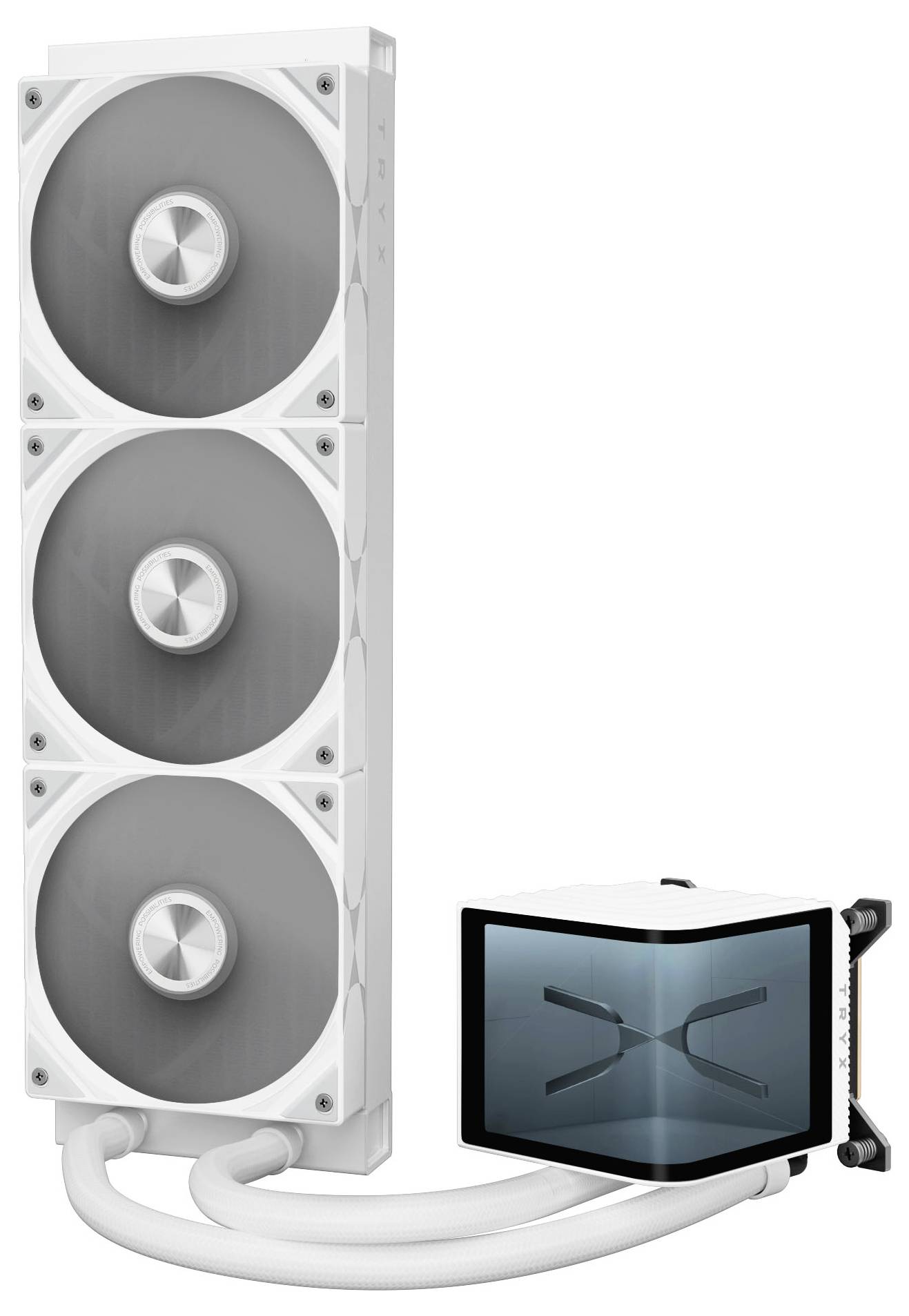 Ein weißes Computer-Flüssigkühlsystem mit drei großen, vertikal angeordneten Lüftern und einer quadratischen Pumpeinheit mit einer Glasabdeckung und einem subtilen X-förmigen Design.