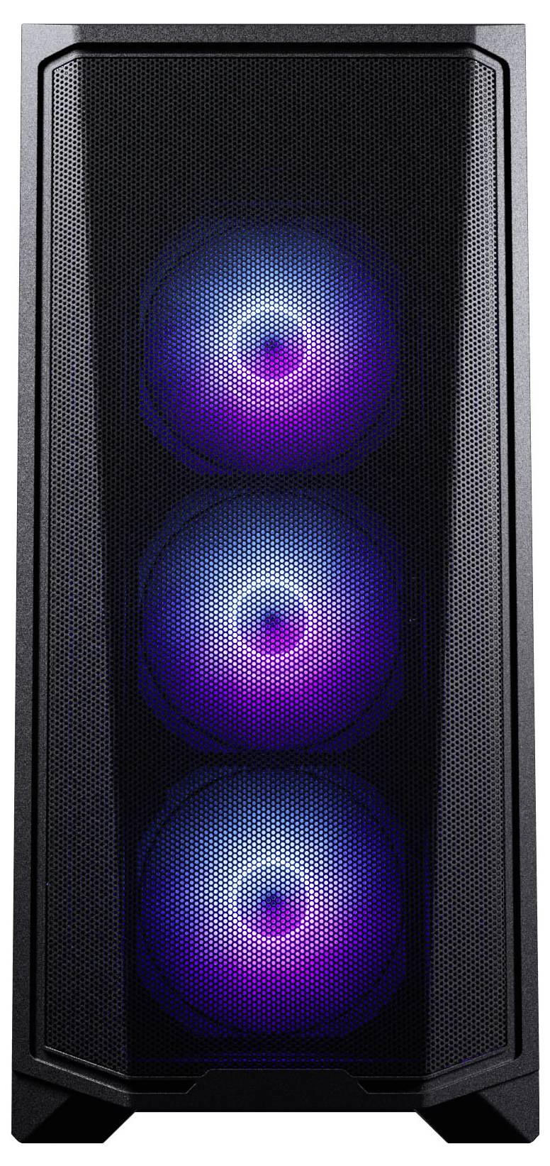 Ein Computertower mit einem schwarzen Gehäuse verfügt über drei frontal angeordnete Kühlventilatoren, die in einem blauen und violetten Farbverlauf beleuchtet sind.