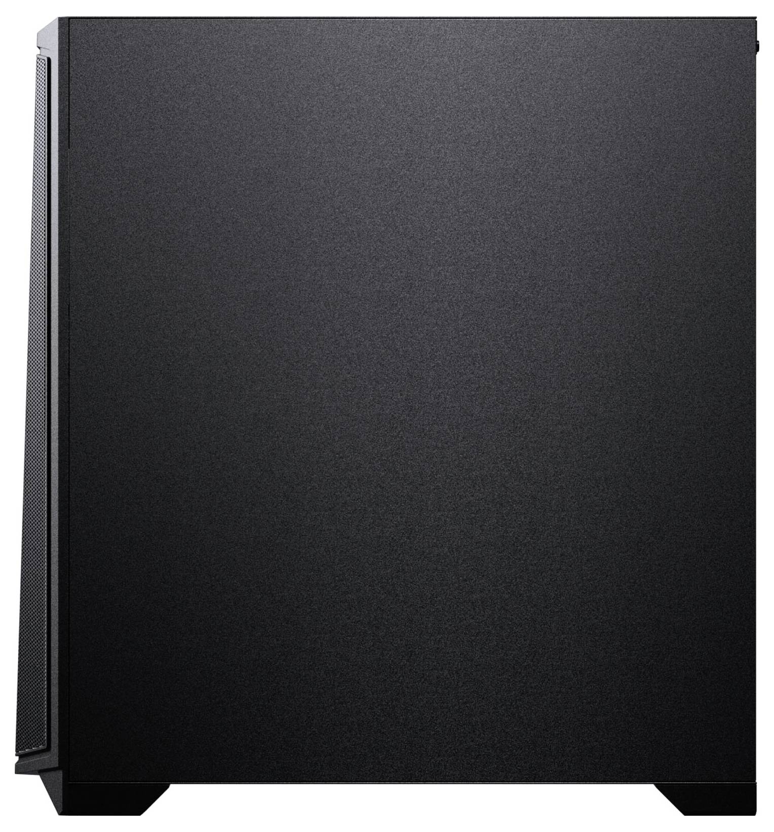 Ein schlankes schwarzes Computer-Tower-Gehäuse mit minimalistischem Design und einem Mesh-Seitenpanel für Belüftung.