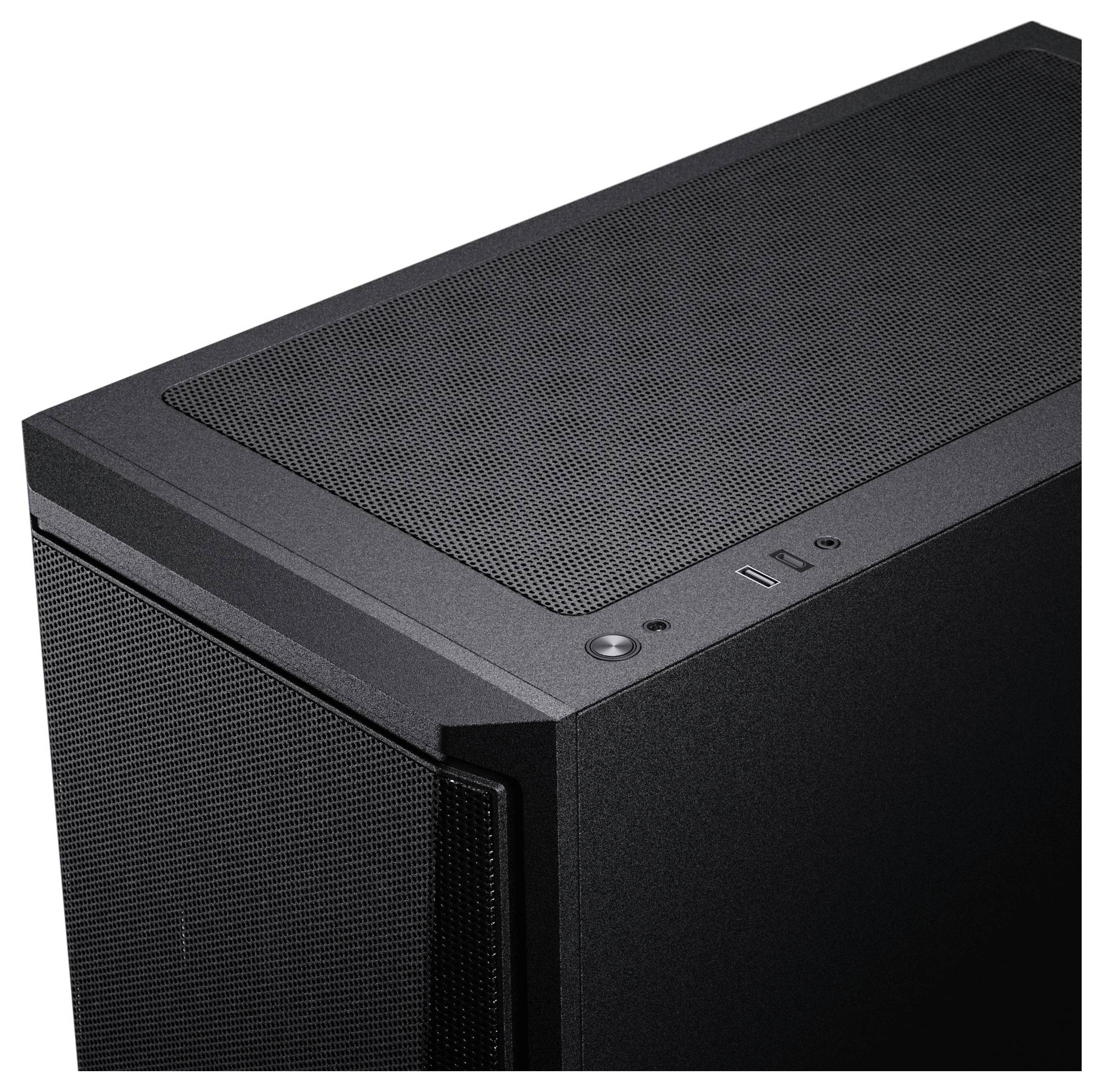 Ein schwarzes Computer-Gehäuse mit Mesh-Oberfläche am oberen Deckel und vorderen Anschlüssen für Stromversorgung und Konnektivität.