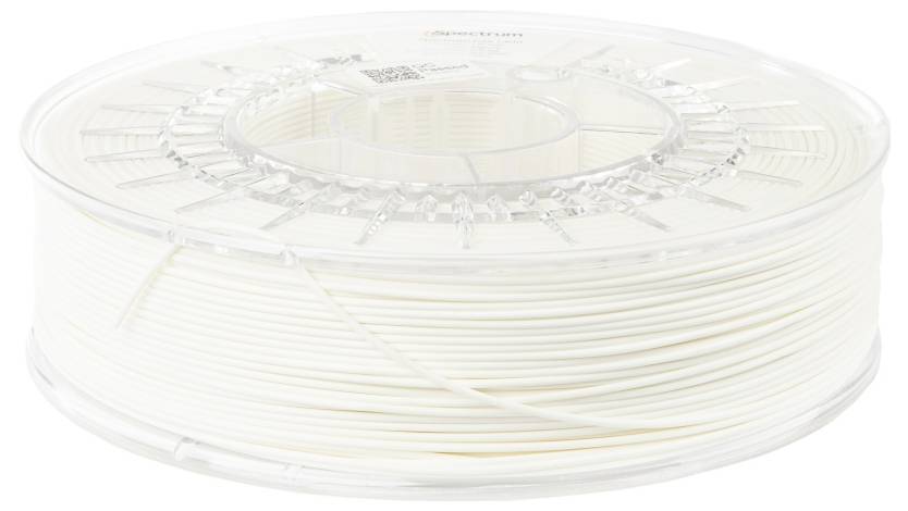 Eine Spule weißen 3D-Druckerfilaments, ordentlich aufgewickelt, mit einer transparenten Kunststoffverpackung.