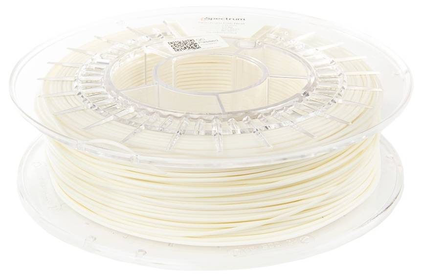 Eine Spule aus transluzent weißem 3D-Druckerfilament, sauber aufgewickelt, die seine glatte Textur und kompakte Form präsentiert, bereit zur Verwendung beim Drucken.