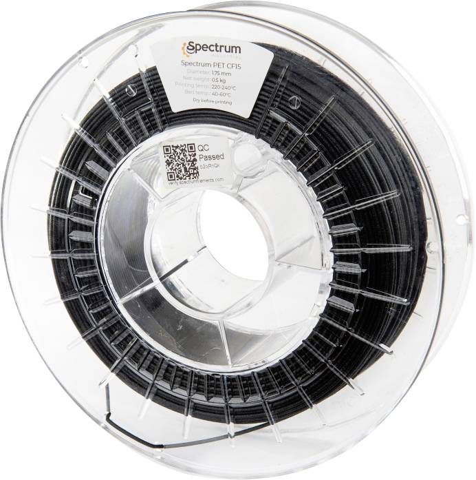 Klare Spule mit schwarzem 3D-Druckerfilament, beschriftet mit 'Spectrum PET CF15'.