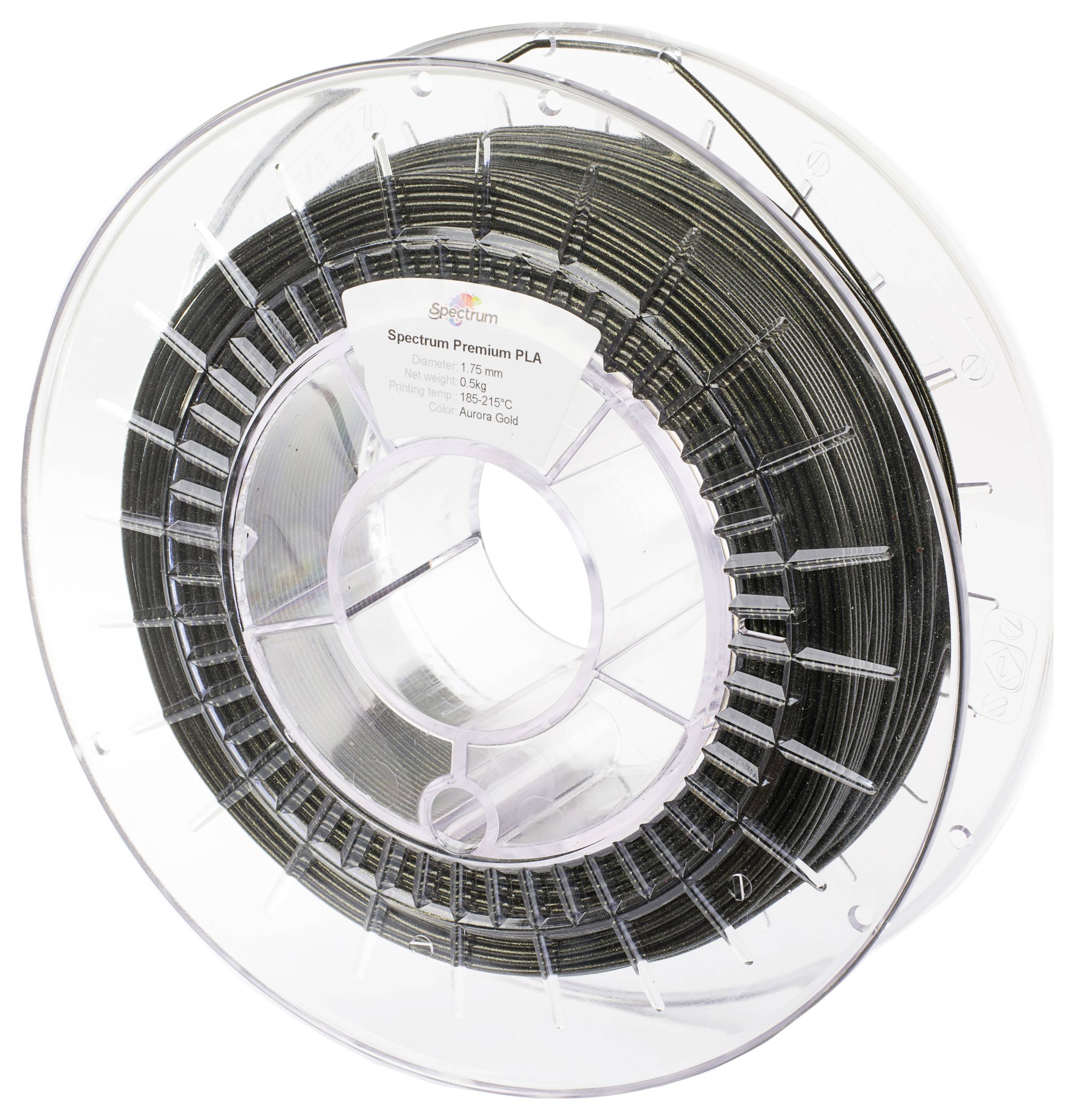 Eine Spule Spectrum Premium PLA 3D-Druckerfilament in der Farbe 'Aurora Gold'. Das Etikett zeigt einen Durchmesser von 1,75 mm und ein Nettogewicht von 1 kg.