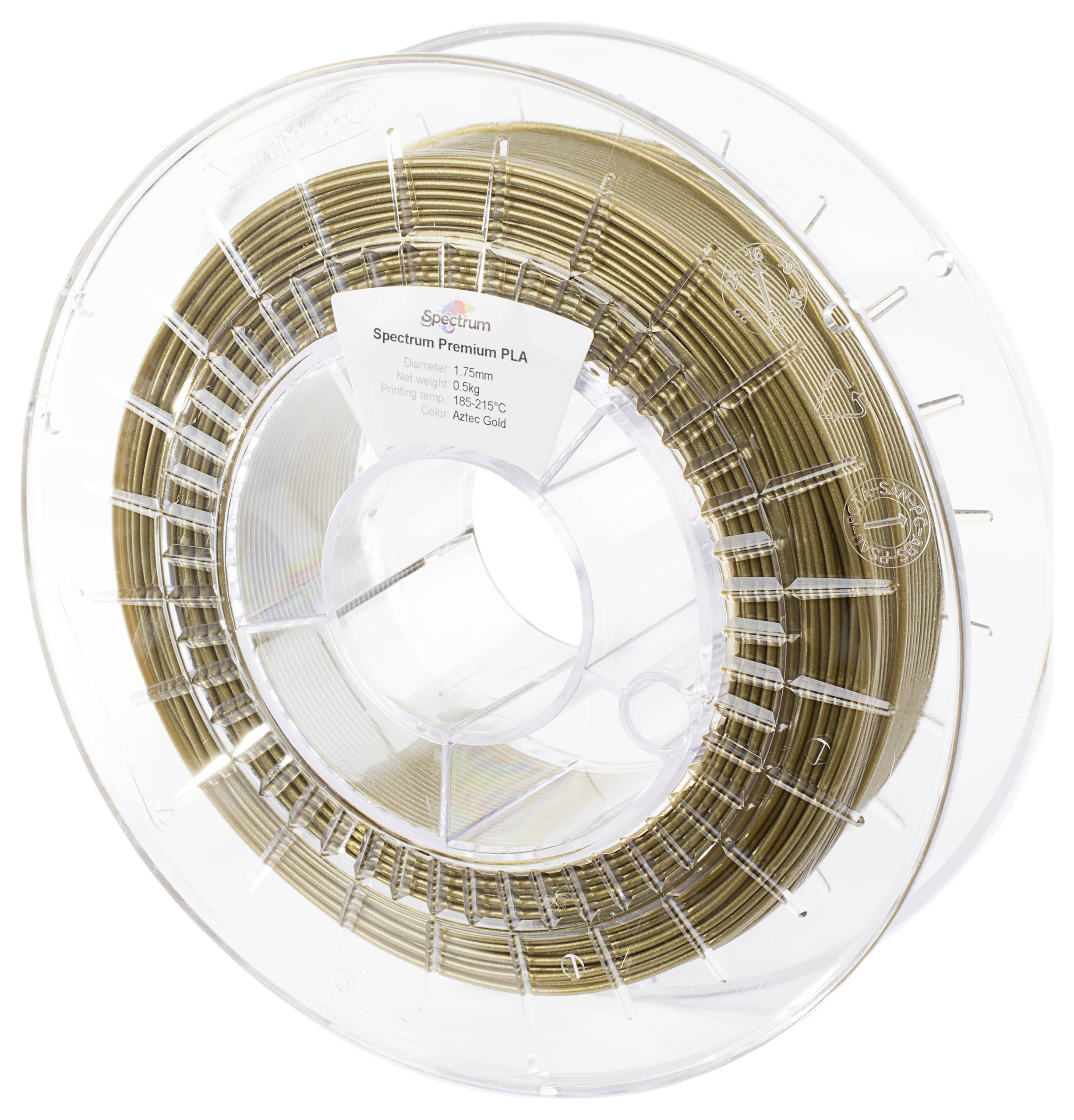 Eine Spule Spectrum Premium PLA 3D-Druckerfilament in satiniertem Gold. Das Etikett zeigt Spezifikationen wie Durchmesser: 1,75 mm und Drucktemperatur.