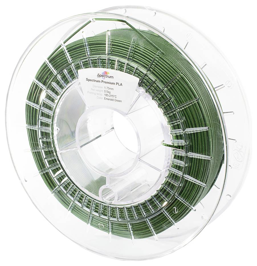 Eine Spule grünes PLA 3D-Druckfilament, beschriftet als 'Spectrum Premium PLA', mit Spezifikationen einschließlich Durchmesser und empfohlener Drucktemperatur.