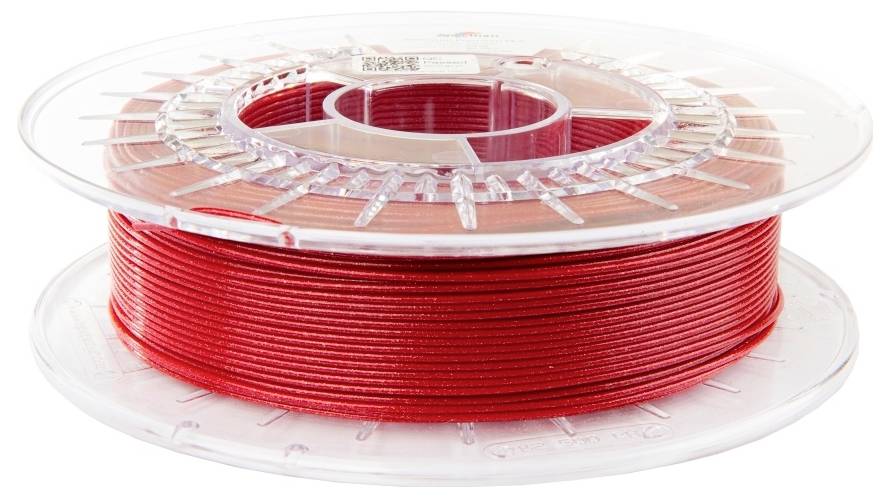 Eine transparente Spule mit glänzendem roten 3D-Druckerfilament, ordentlich aufgewickelt und einsatzbereit.